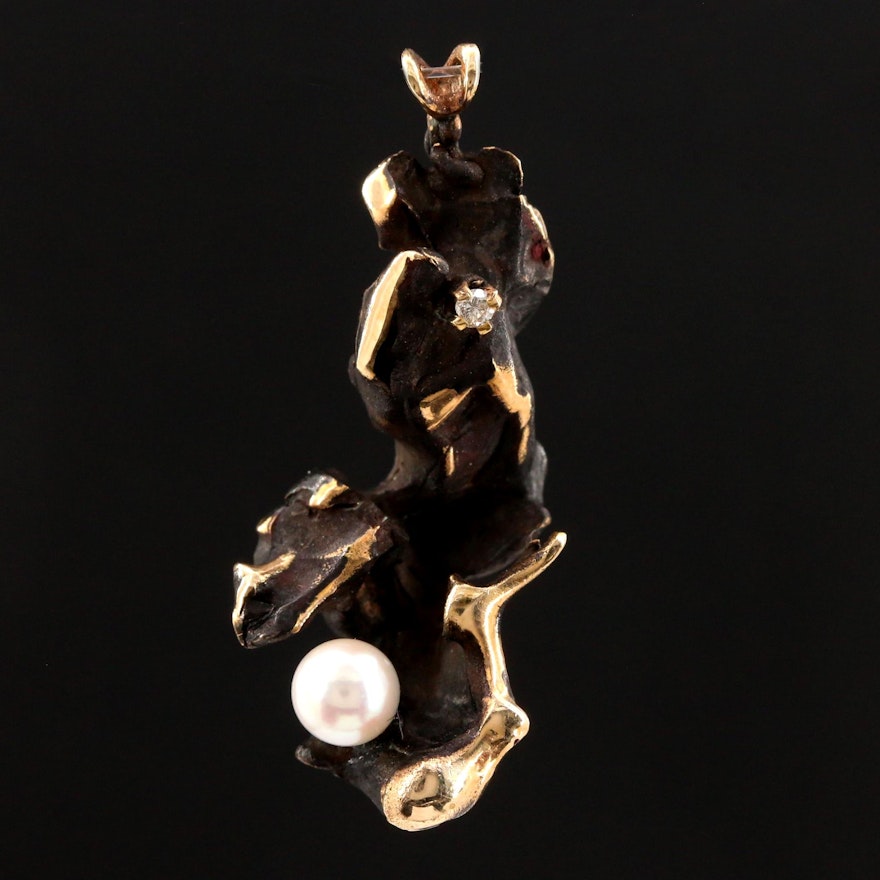 14K Yellow Gold Cultured Pearl and Diamond Pendant