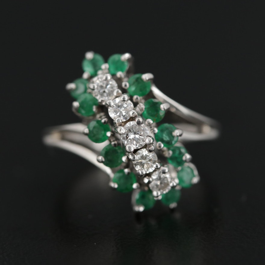 14K White Gold Diamond and Emerald Bypass Ring