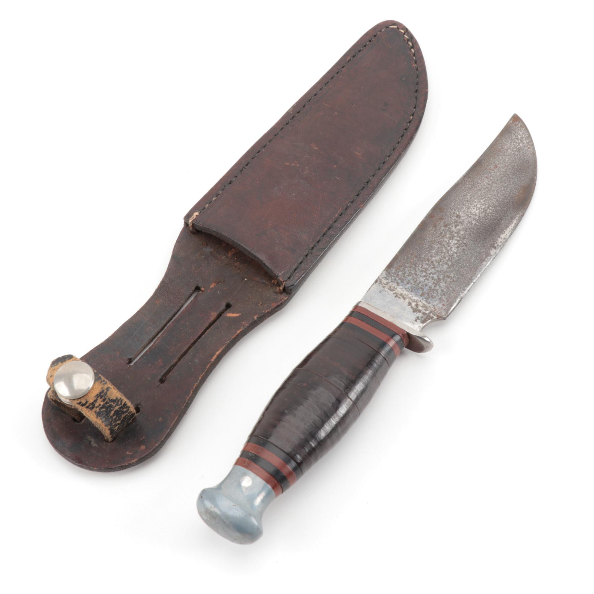 U.S. WWII "RH PAL 34" Combat Knife with Leather Sheath and Steel Pommel, 1940s