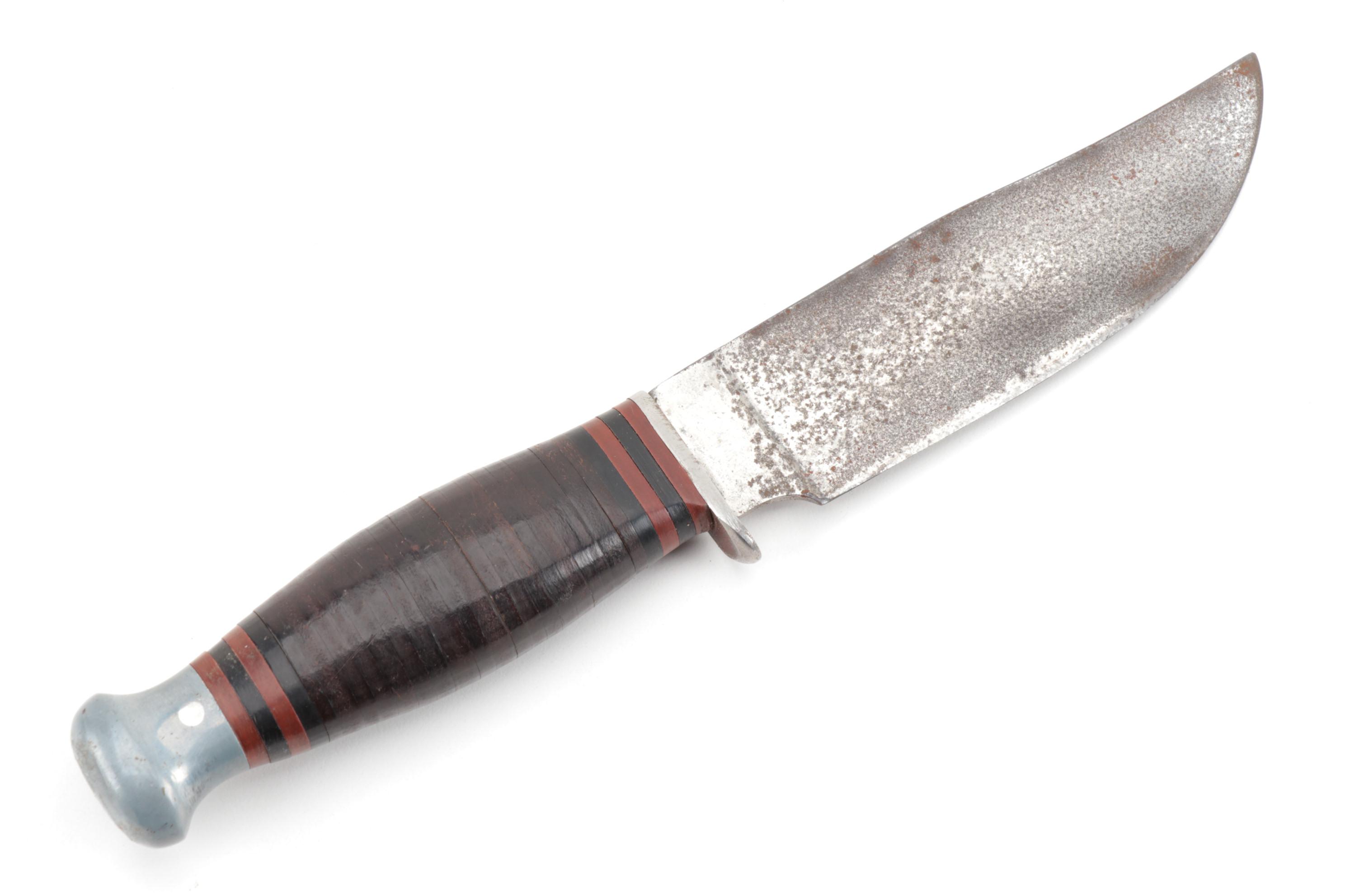 U.S. WWII "RH PAL 34" Combat Knife with Leather Sheath and Steel Pommel, 1940s