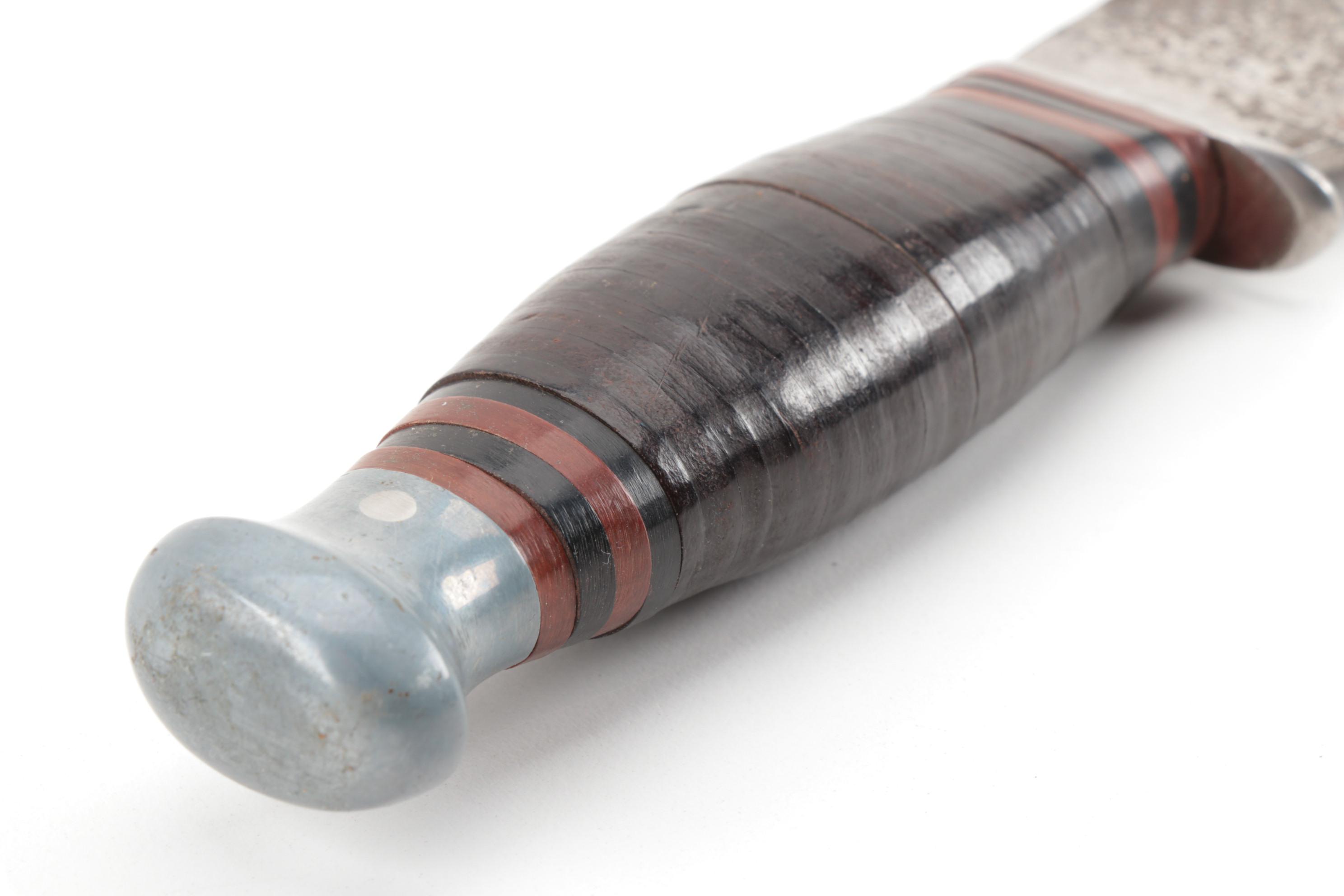 U.S. WWII "RH PAL 34" Combat Knife with Leather Sheath and Steel Pommel, 1940s