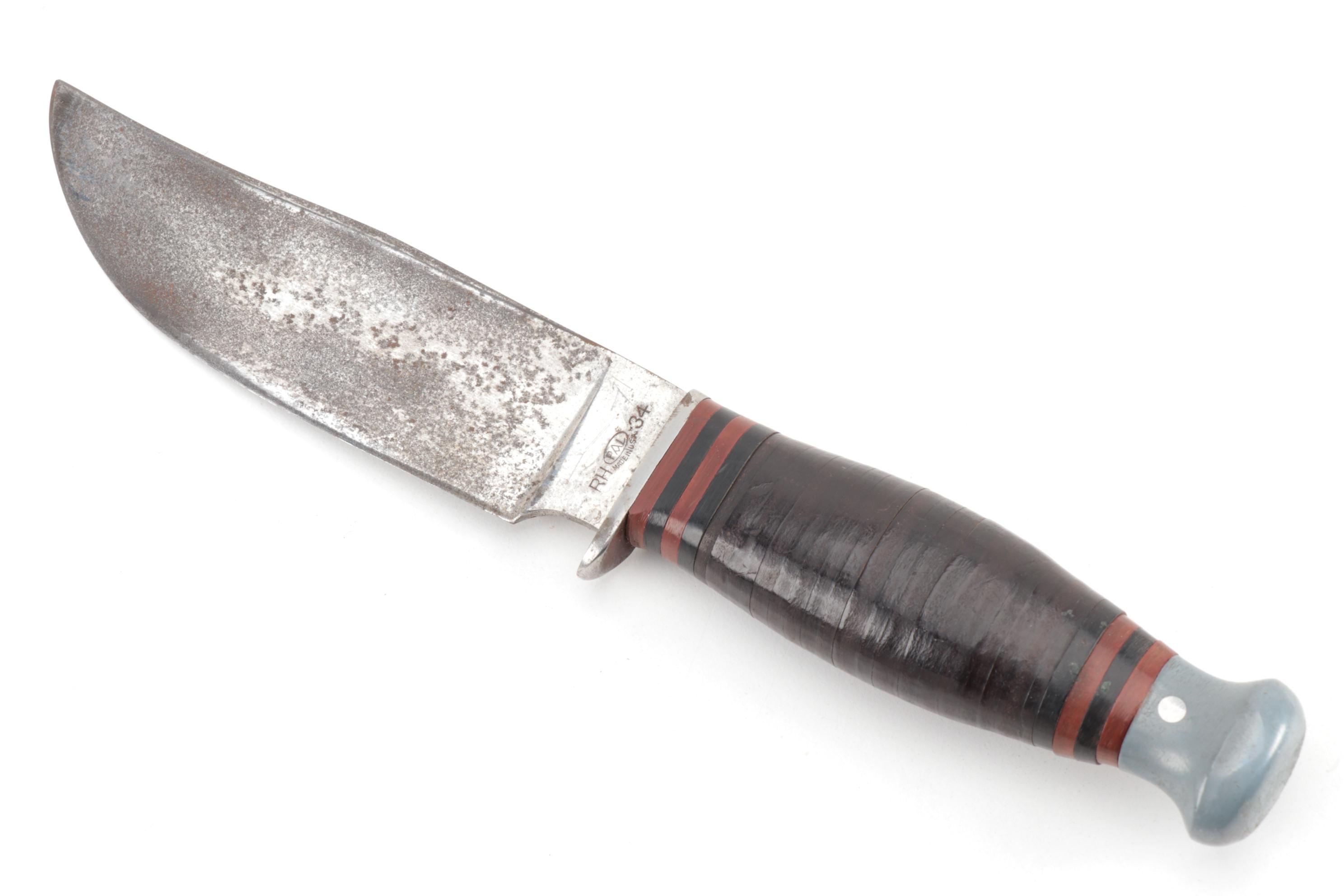 U.S. WWII "RH PAL 34" Combat Knife with Leather Sheath and Steel Pommel, 1940s
