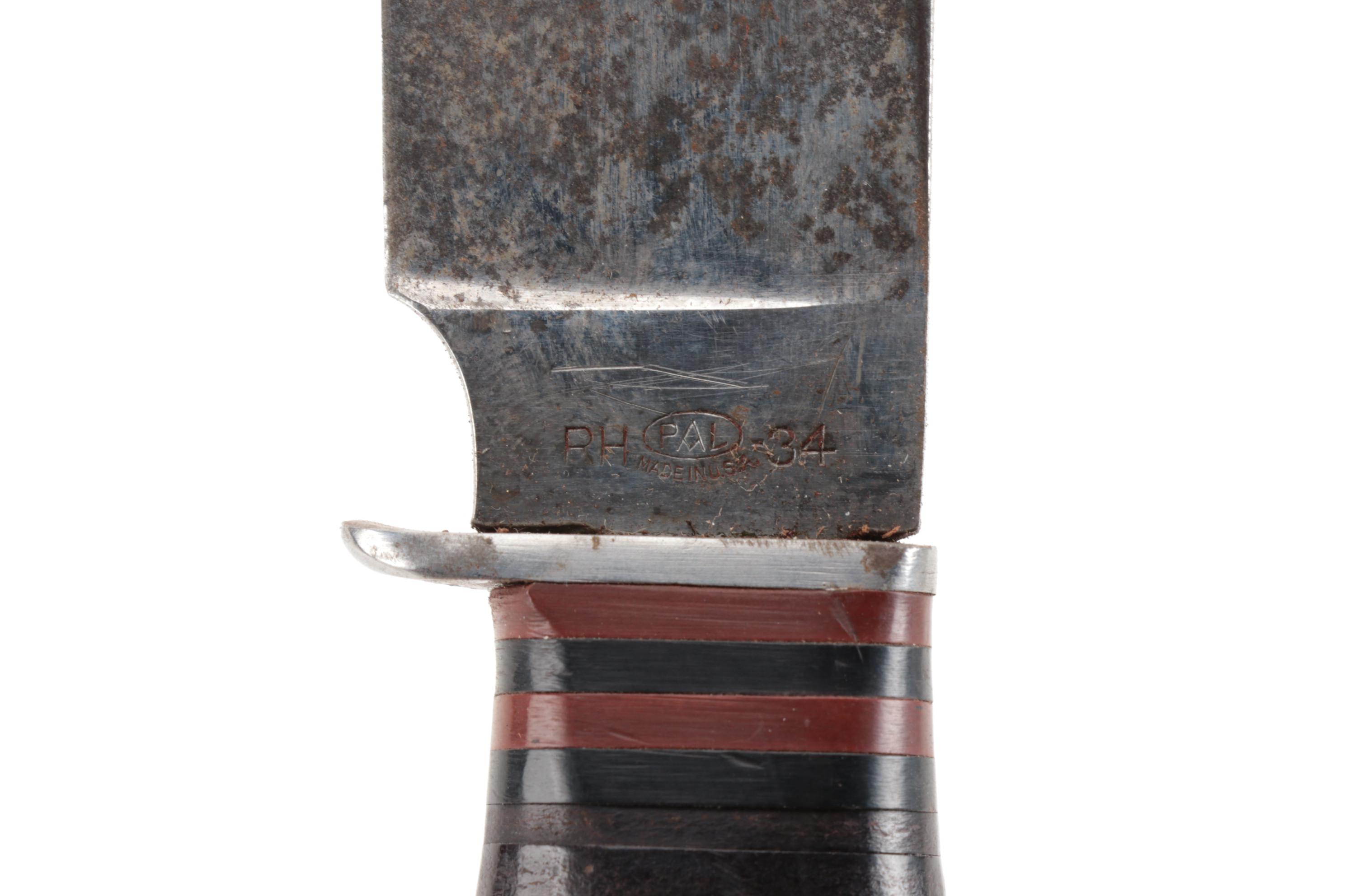 U.S. WWII "RH PAL 34" Combat Knife with Leather Sheath and Steel Pommel, 1940s
