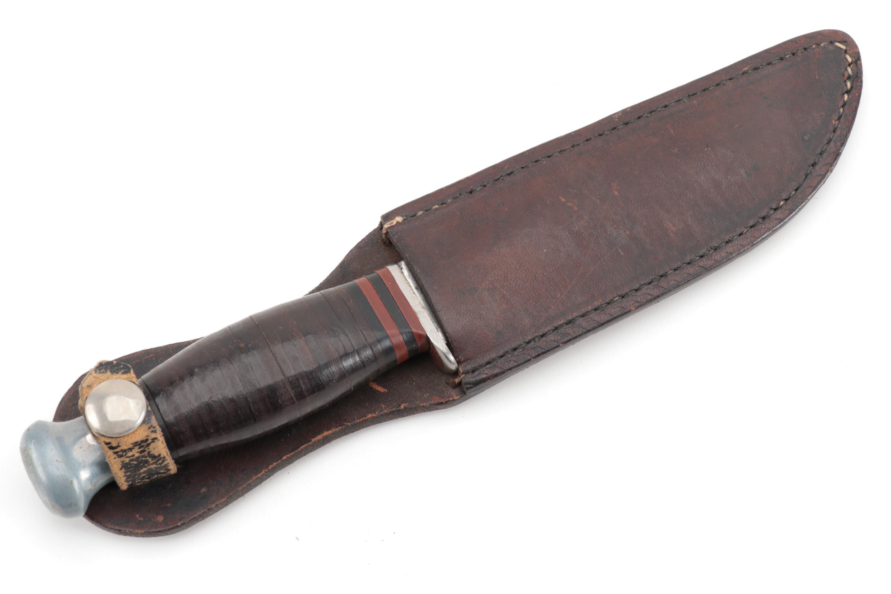 U.S. WWII "RH PAL 34" Combat Knife with Leather Sheath and Steel Pommel, 1940s