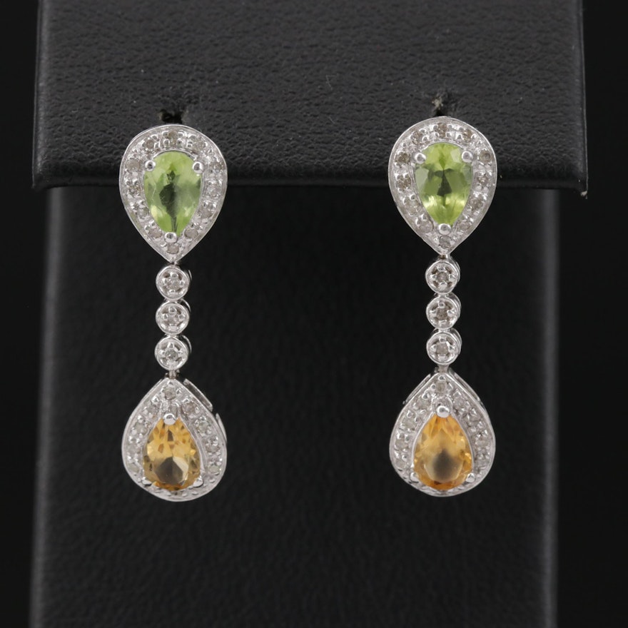 14K White Gold Peridot, Citrine and Diamond Earrings