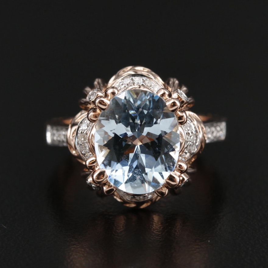 14K Rose Gold 3.17 CT Aquamarine and Diamond Ring