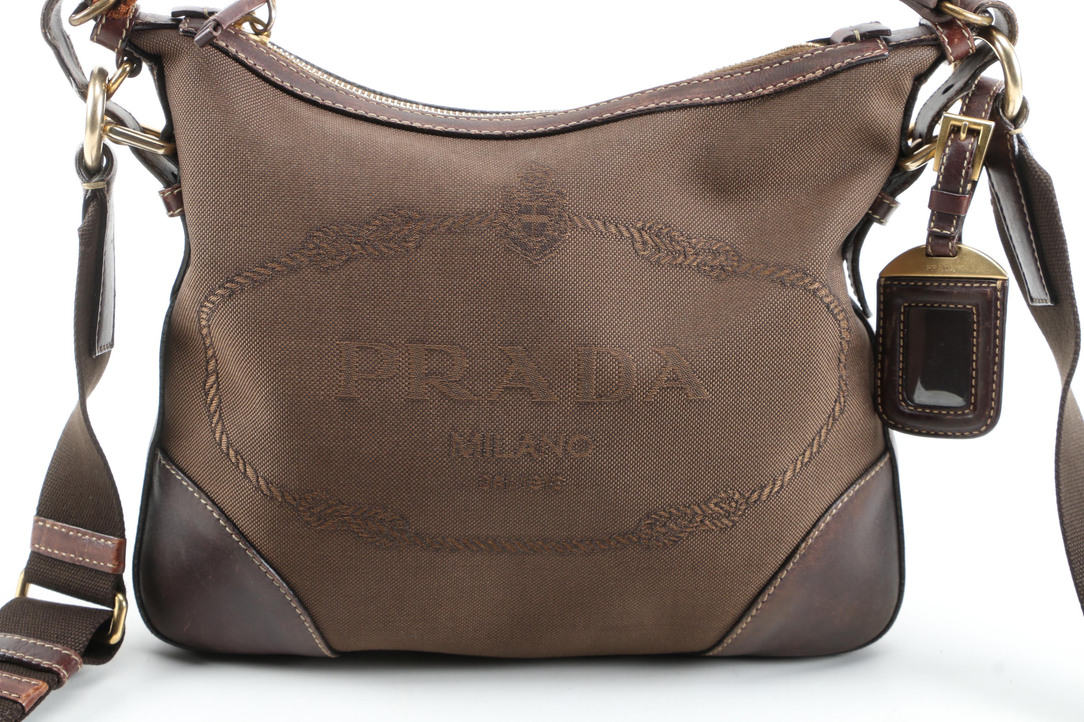 Prada Two-Way Brown Canapa Canvas and Leather Bag with Contrast Stitching
