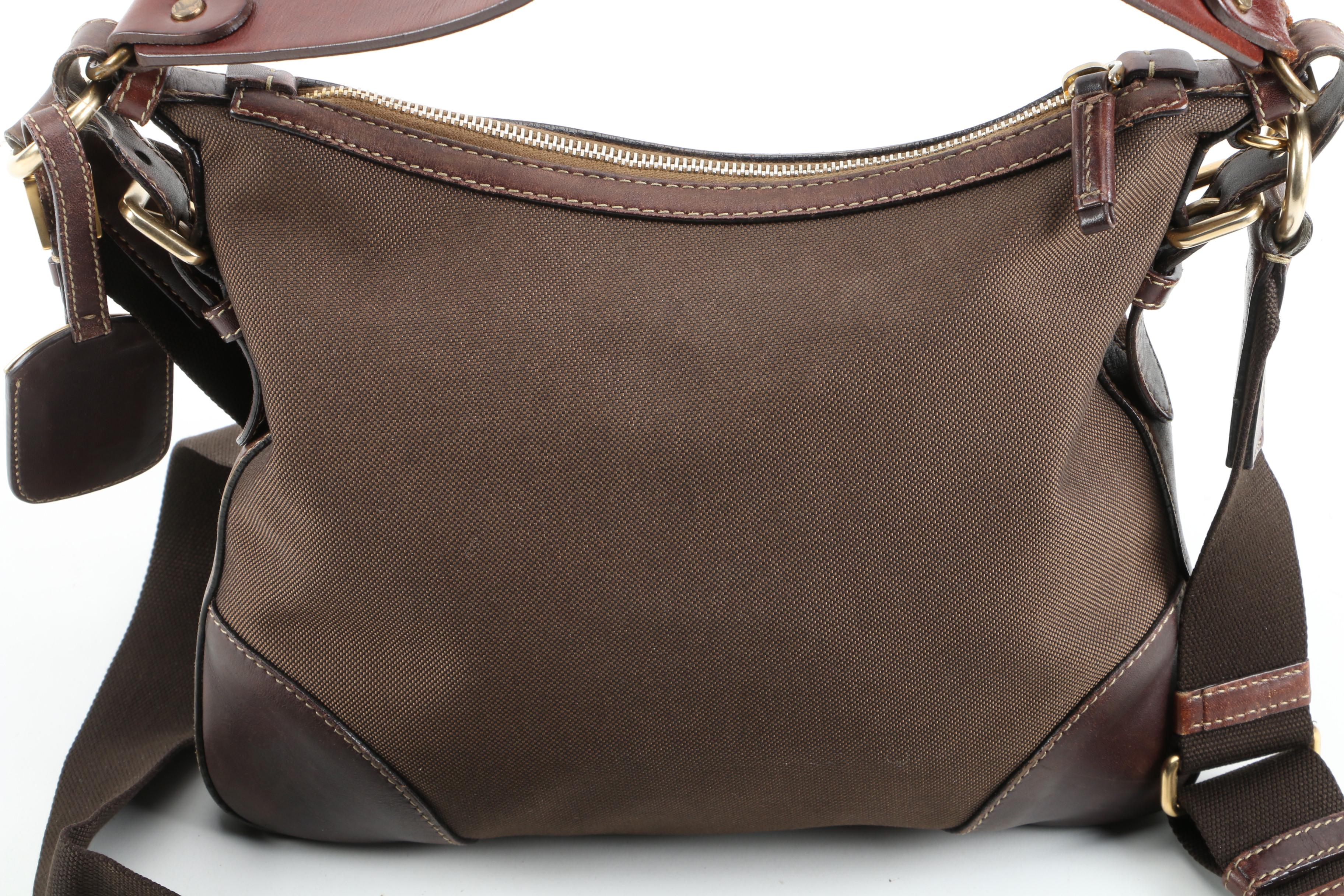 Prada Two-Way Brown Canapa Canvas and Leather Bag with Contrast Stitching
