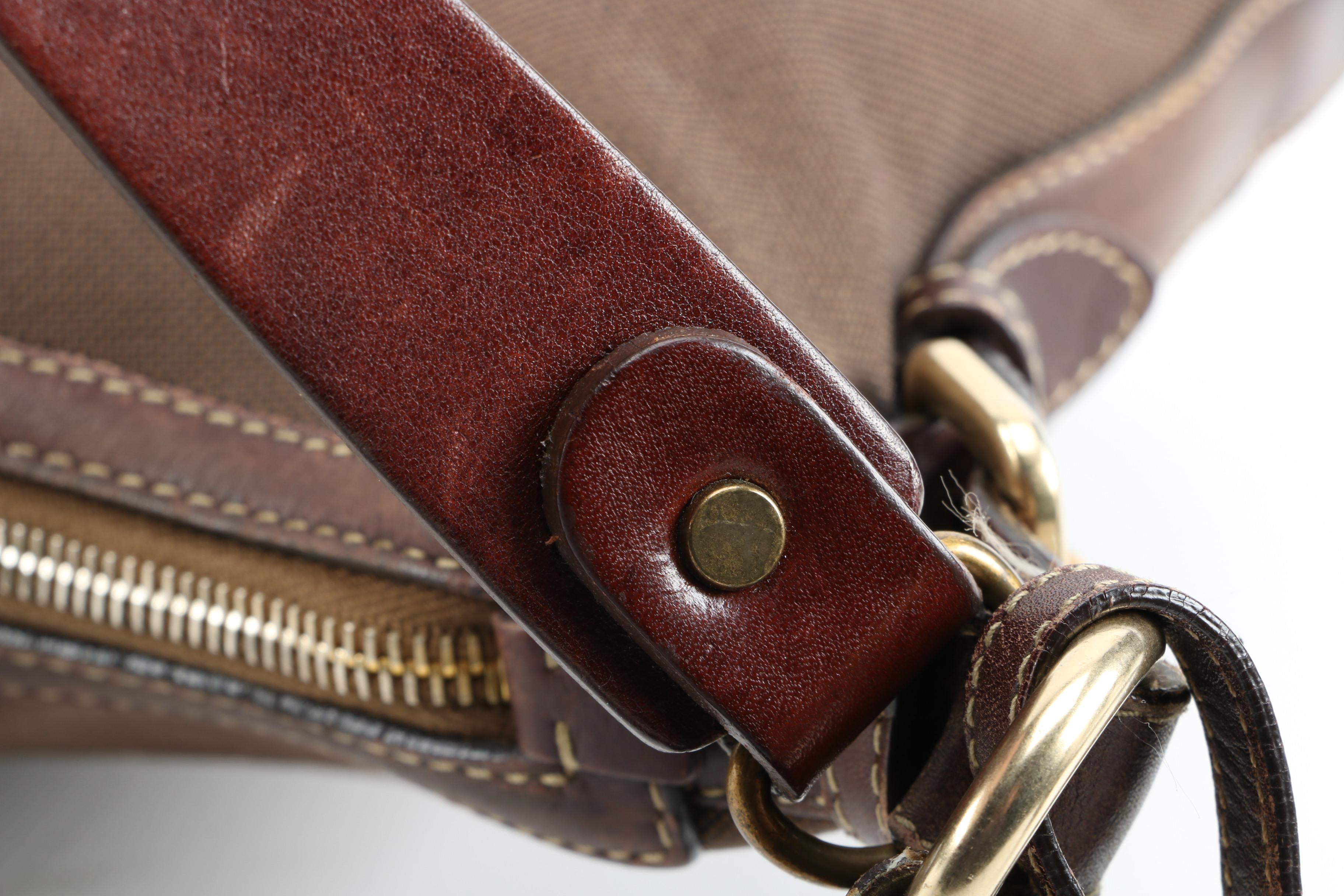 Prada Two-Way Brown Canapa Canvas and Leather Bag with Contrast Stitching