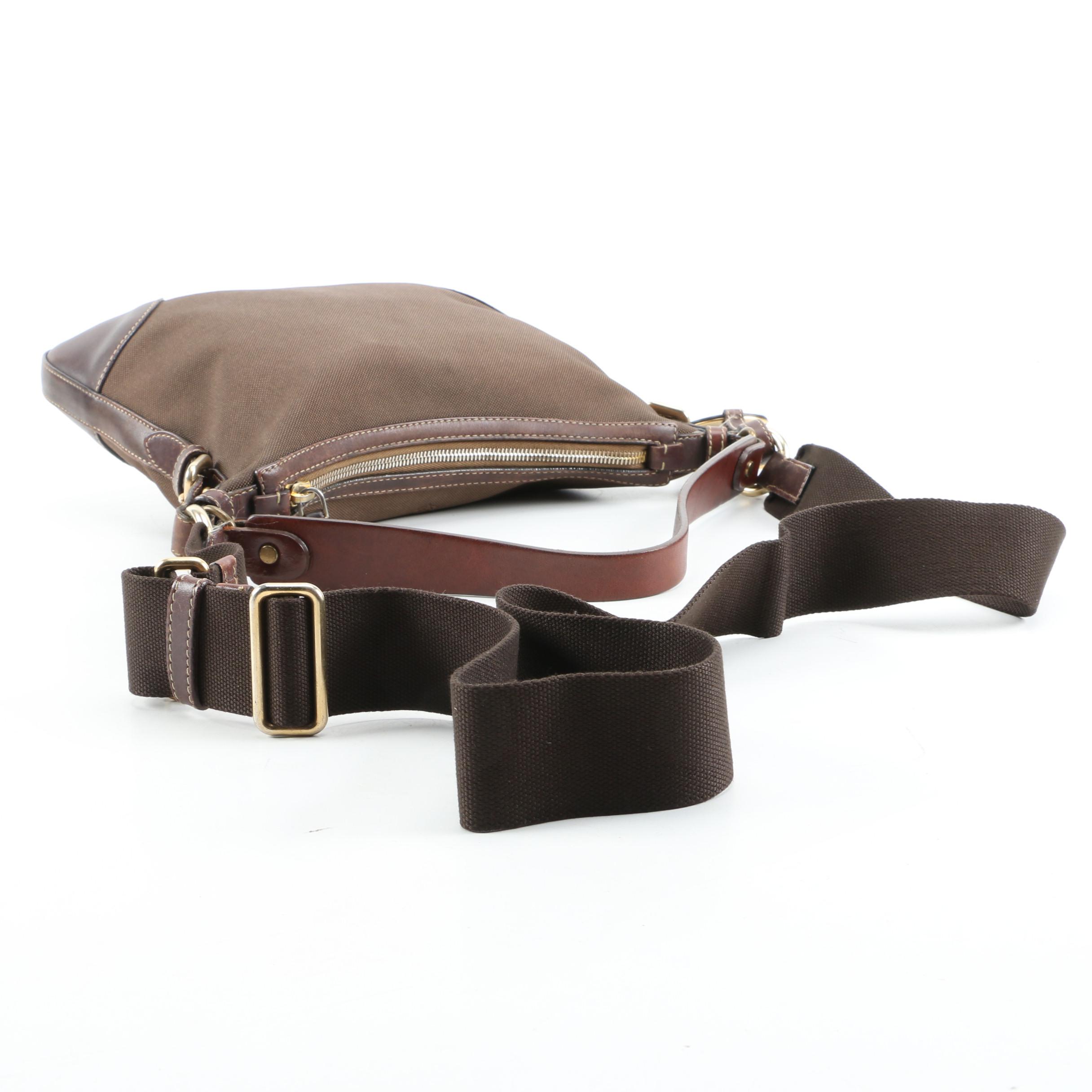 Prada Two-Way Brown Canapa Canvas and Leather Bag with Contrast Stitching