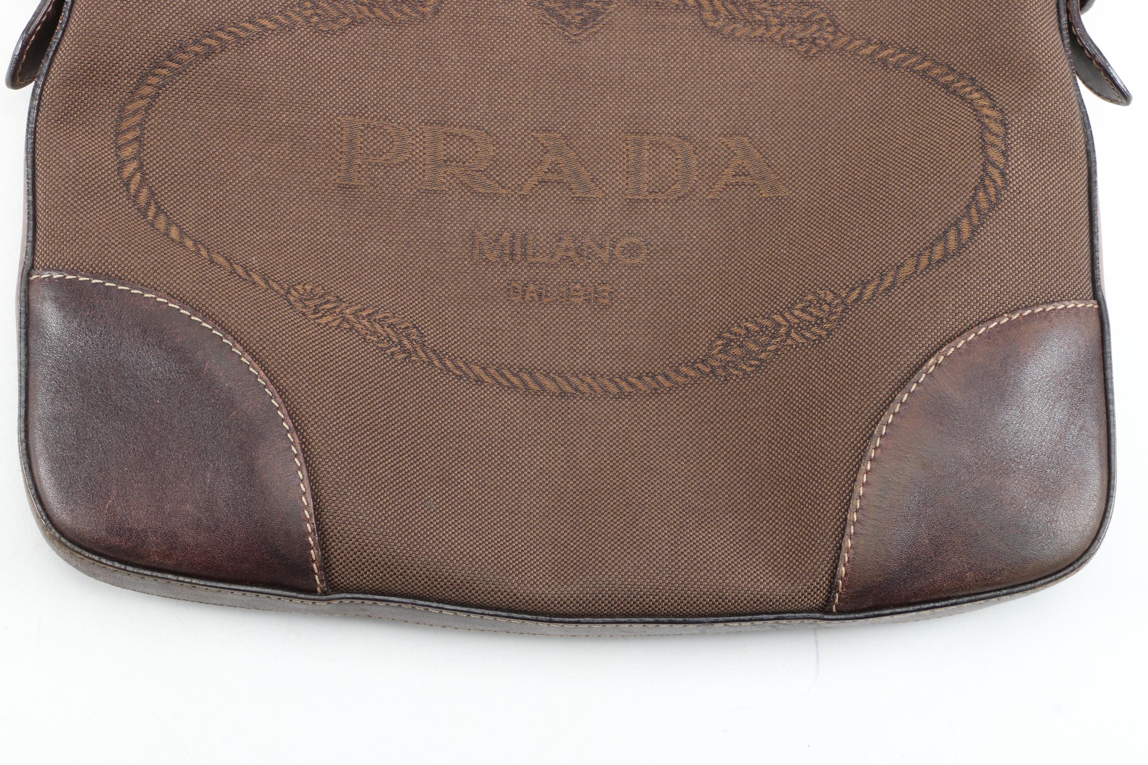 Prada Two-Way Brown Canapa Canvas and Leather Bag with Contrast Stitching