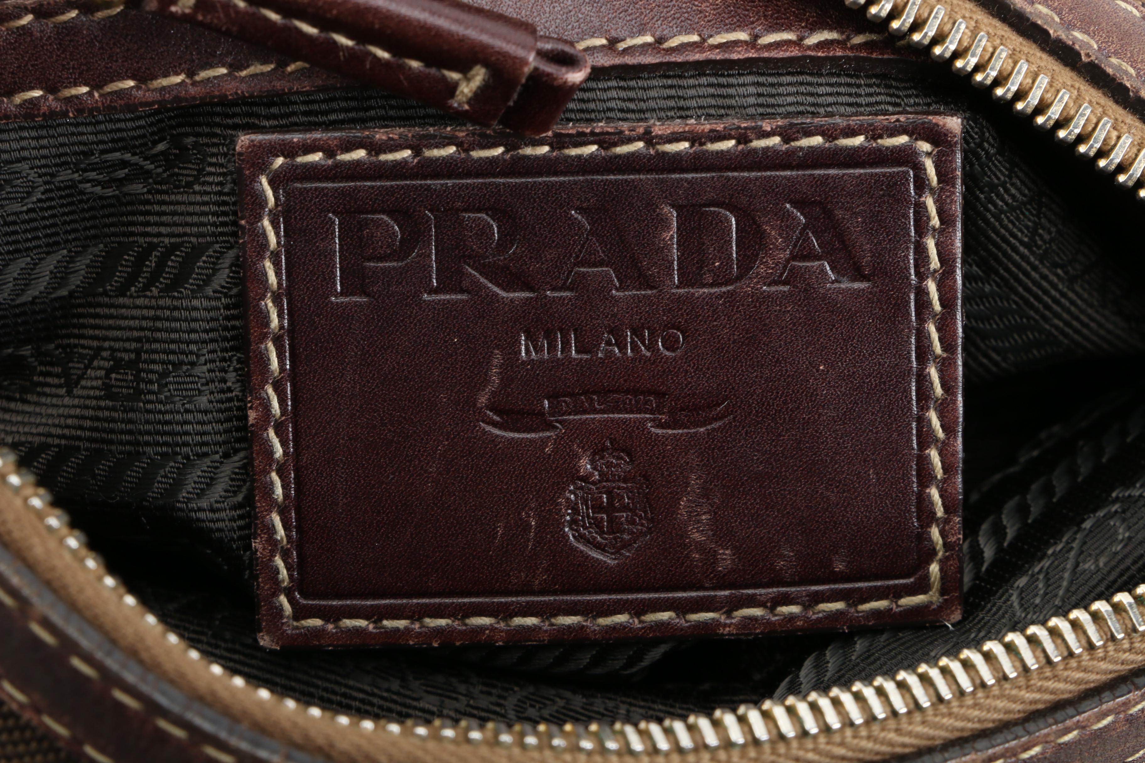 Prada Two-Way Brown Canapa Canvas and Leather Bag with Contrast Stitching