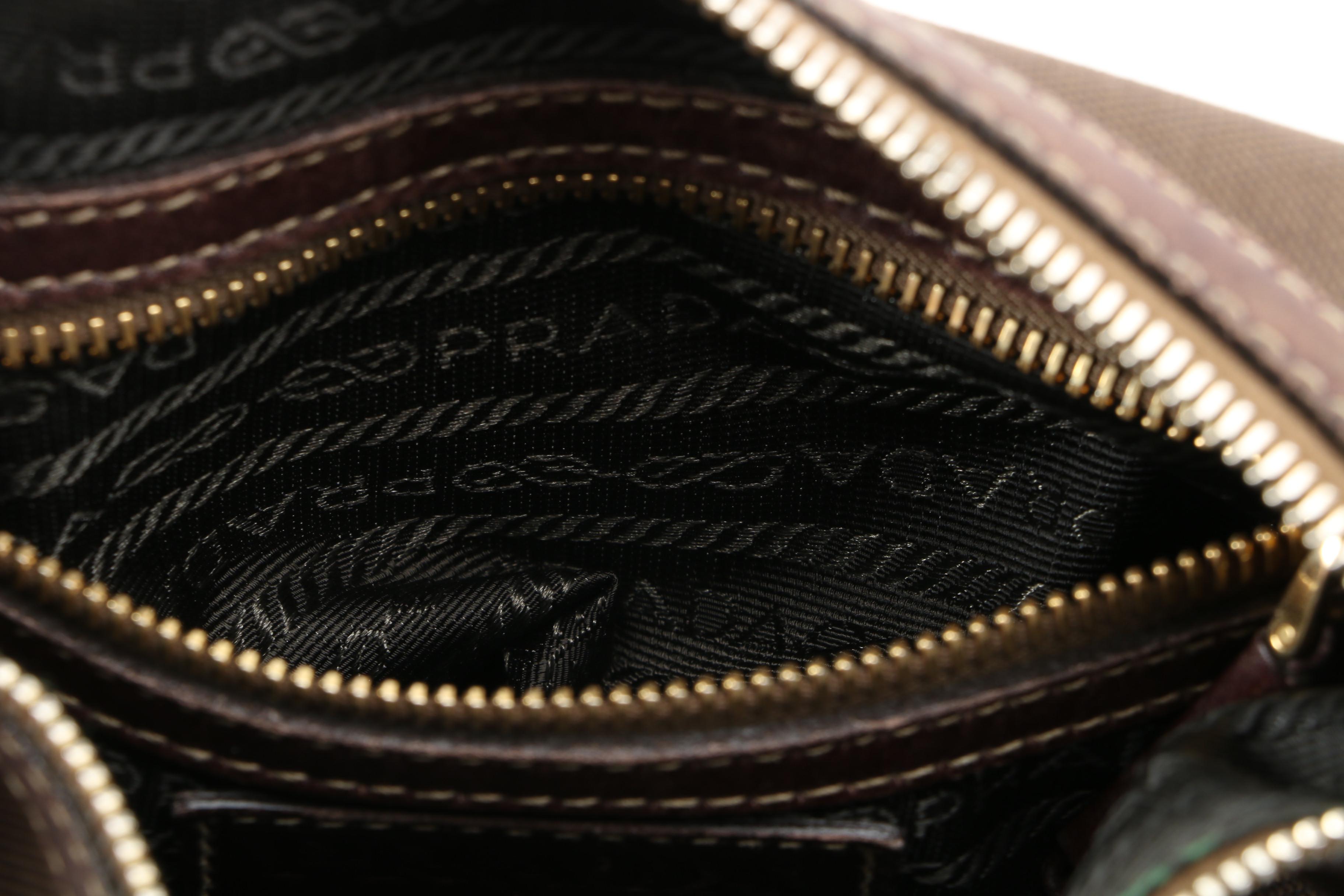 Prada Two-Way Brown Canapa Canvas and Leather Bag with Contrast Stitching