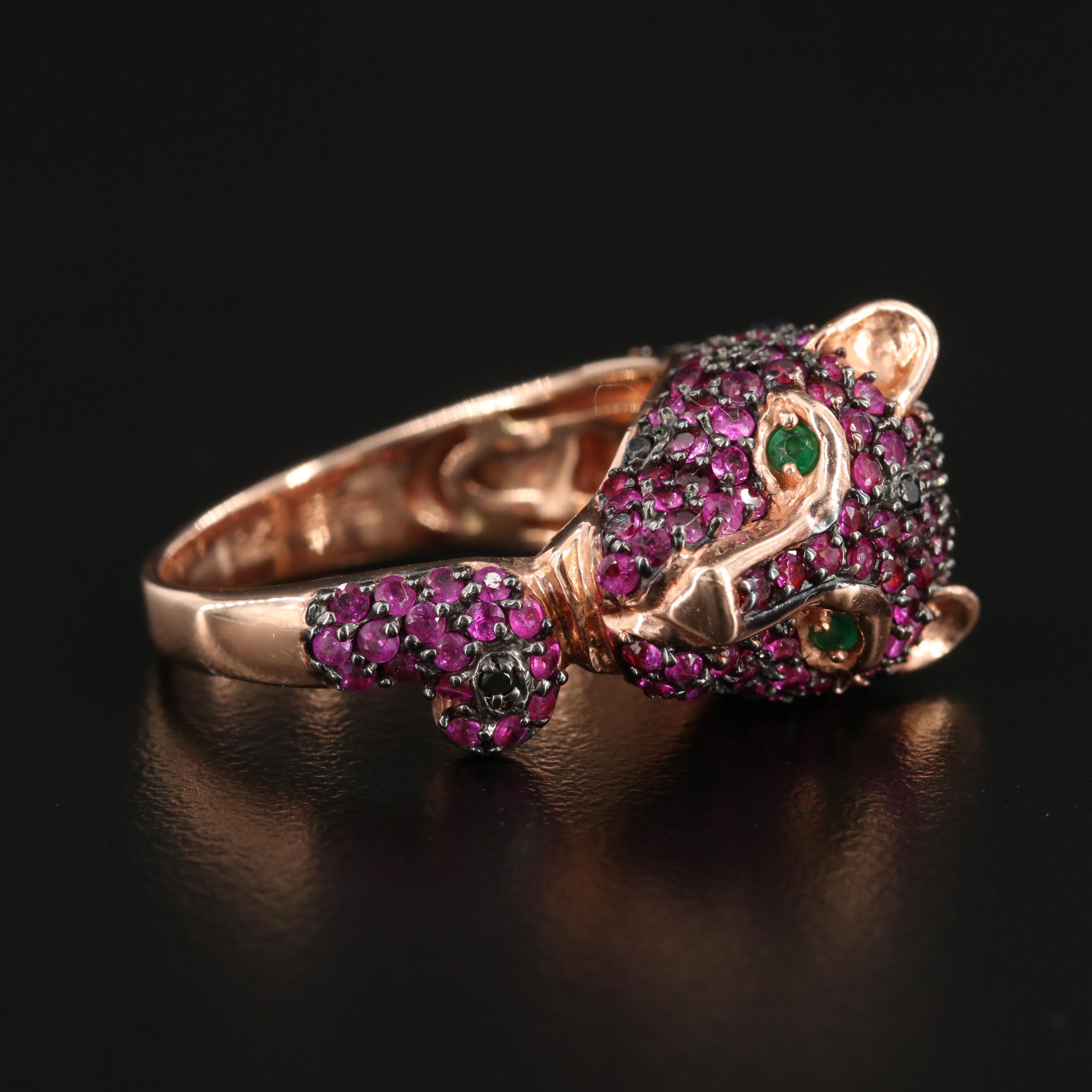 EFFY 14K Rose Gold Ruby, Black Diamond and Emerald Panther Ring