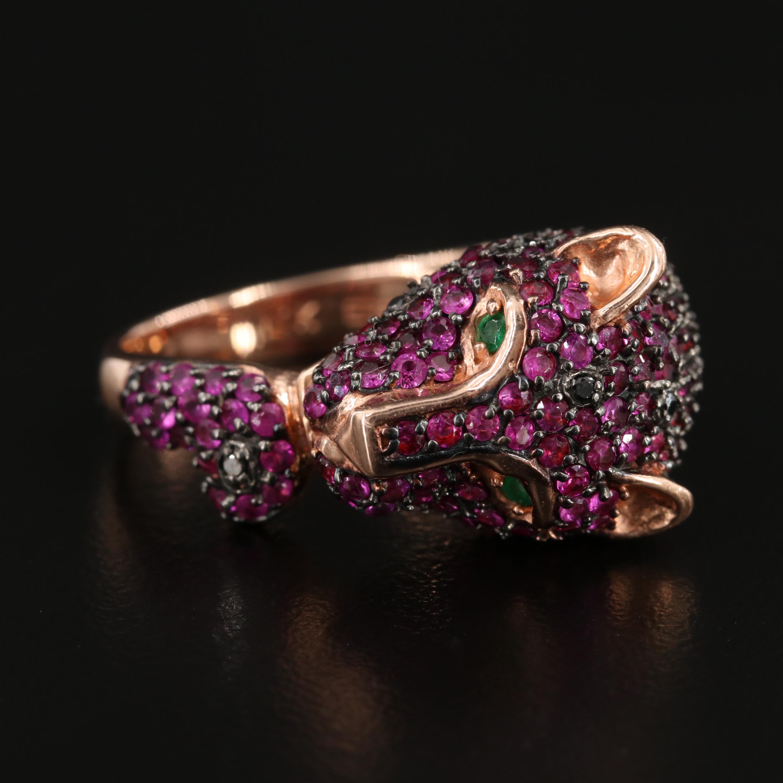 EFFY 14K Rose Gold Ruby, Black Diamond and Emerald Panther Ring