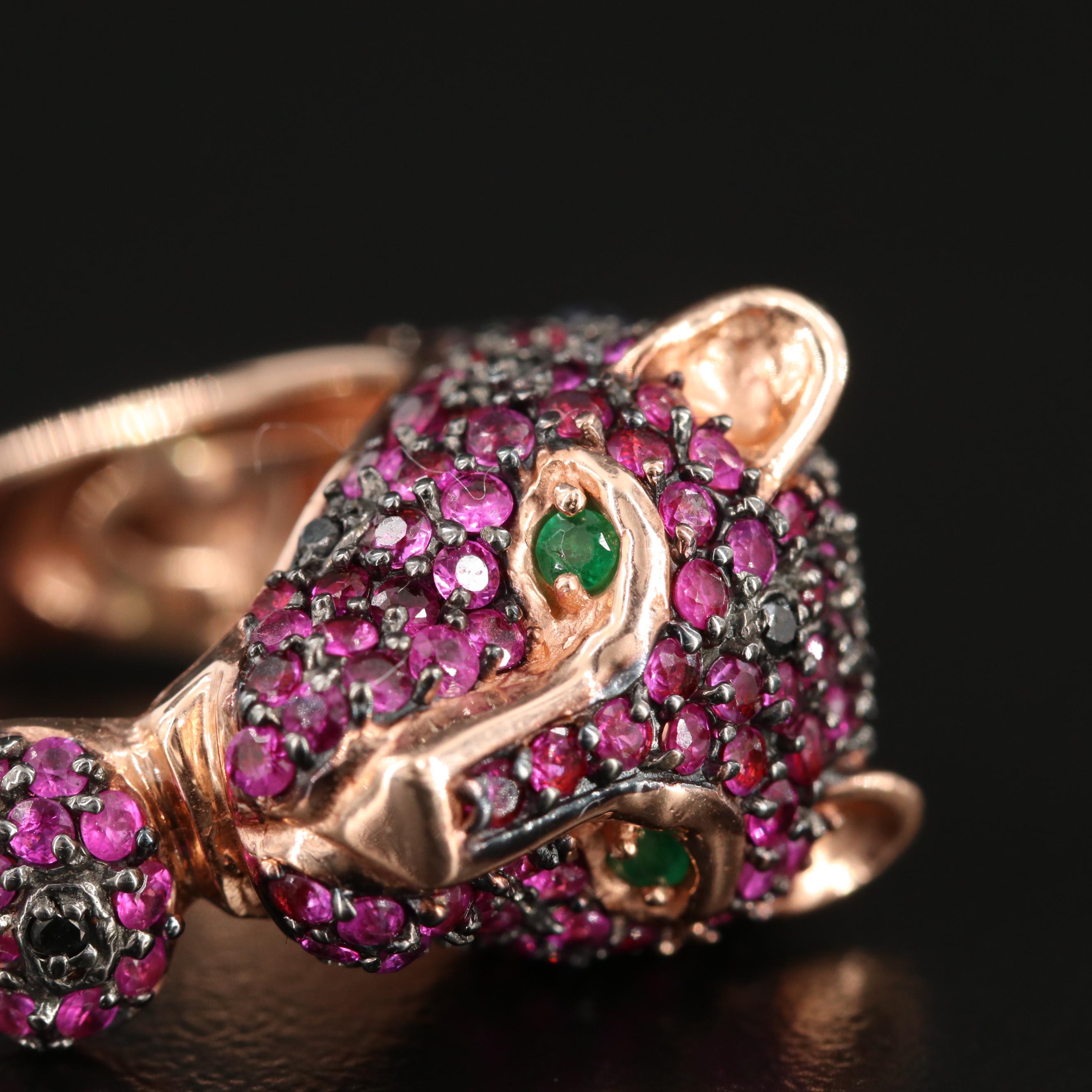 EFFY 14K Rose Gold Ruby, Black Diamond and Emerald Panther Ring