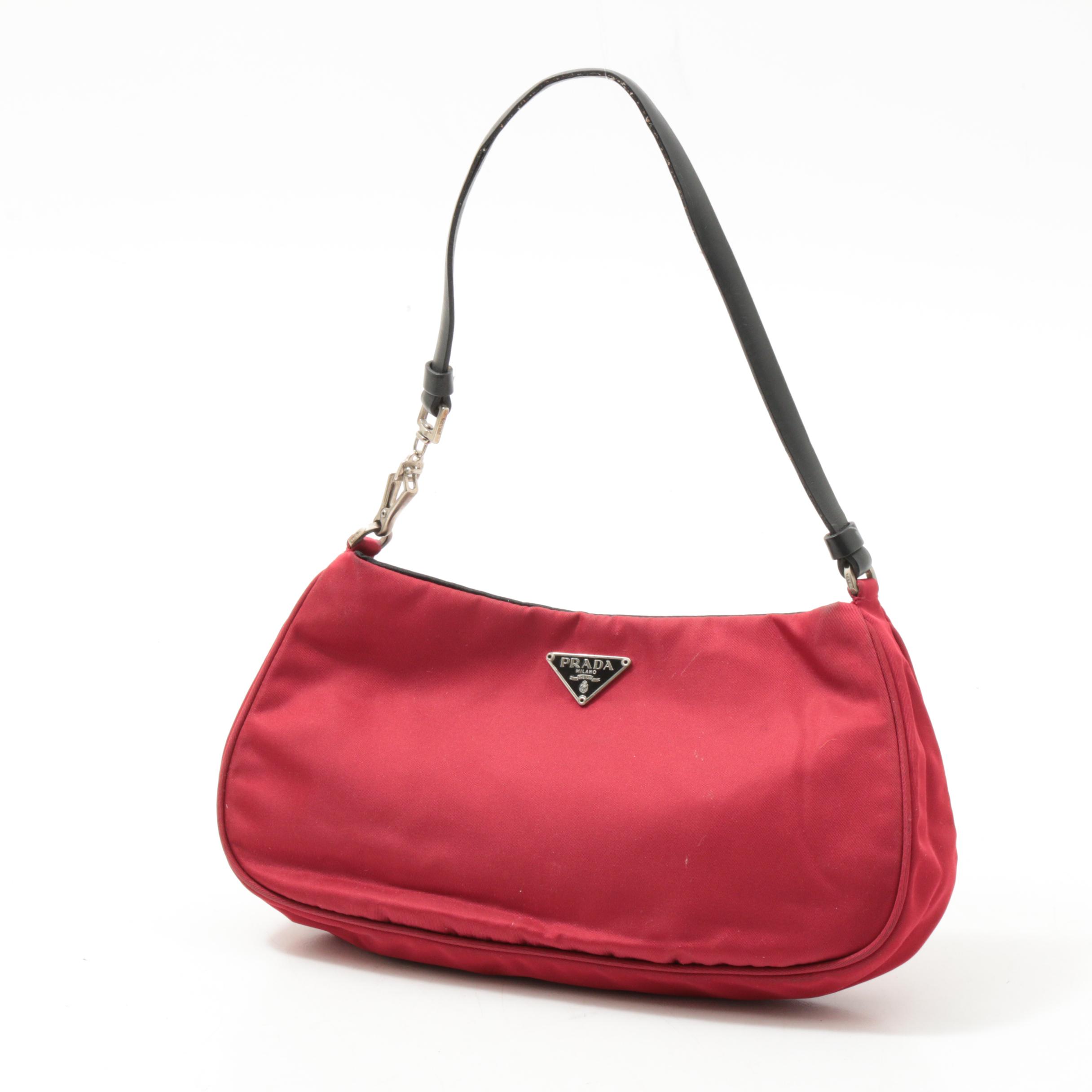 Prada Red Tessuto Nylon Baguette with Black Leather Trim