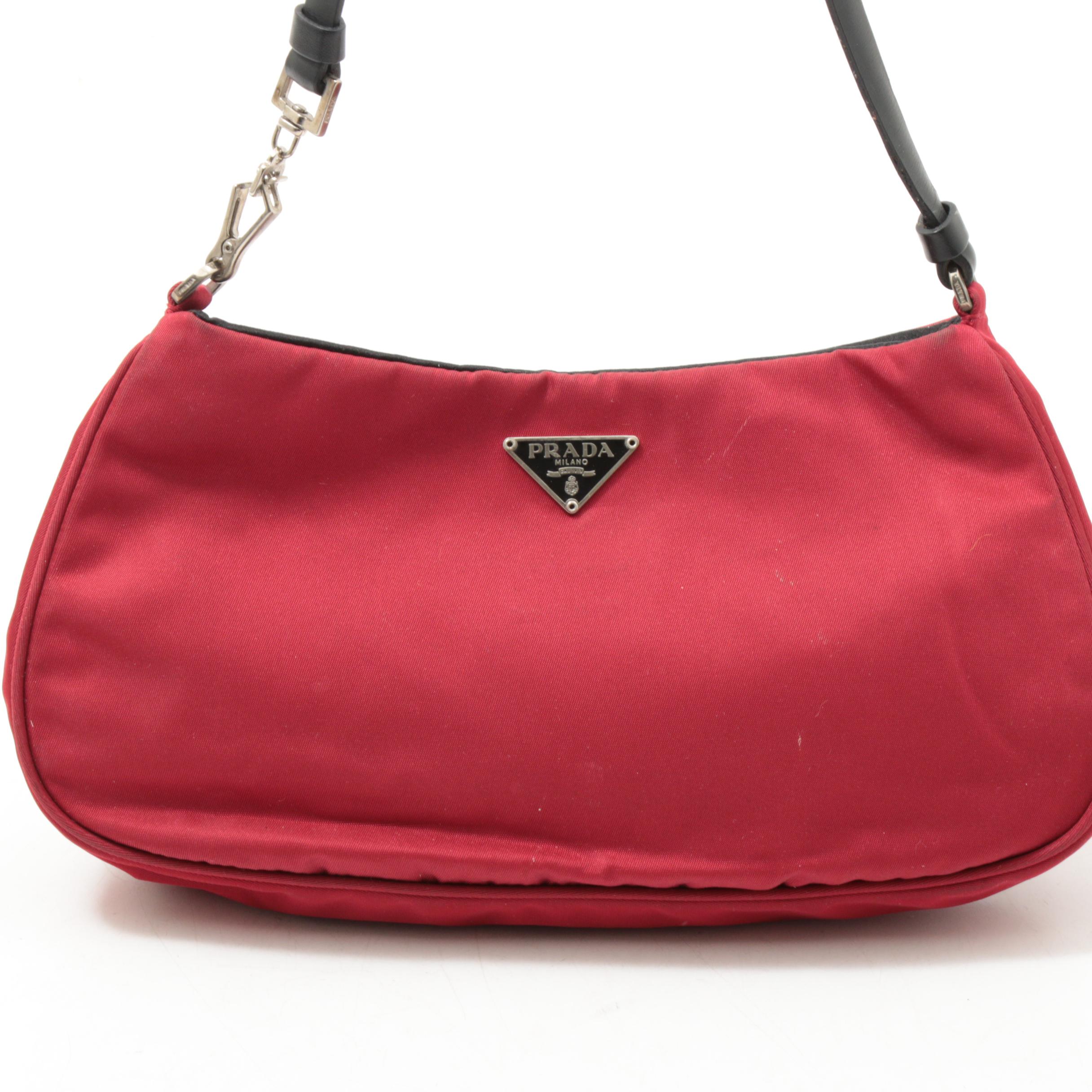 Prada Red Tessuto Nylon Baguette with Black Leather Trim