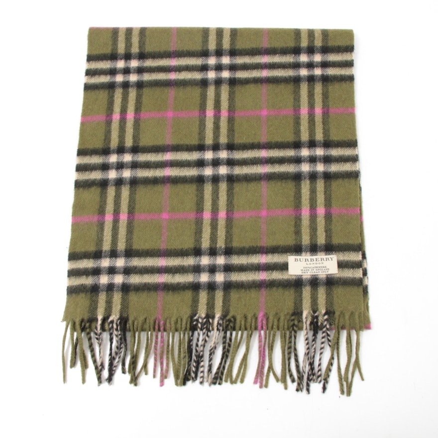 Burberry London Olive Plaid Cashmere Scarf with Fringe