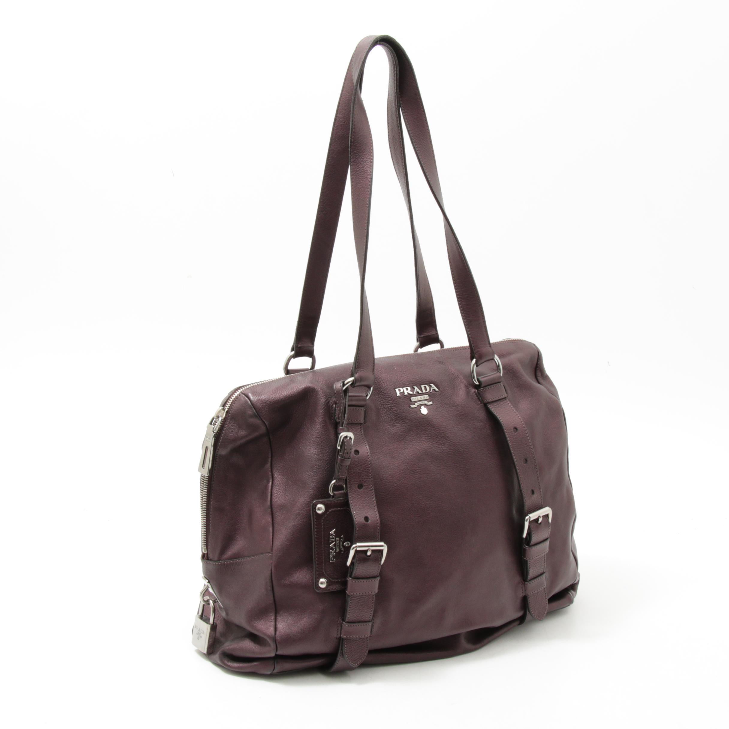 Prada Daino Leather Buckle Satchel Shoulder Bag in Aubergine