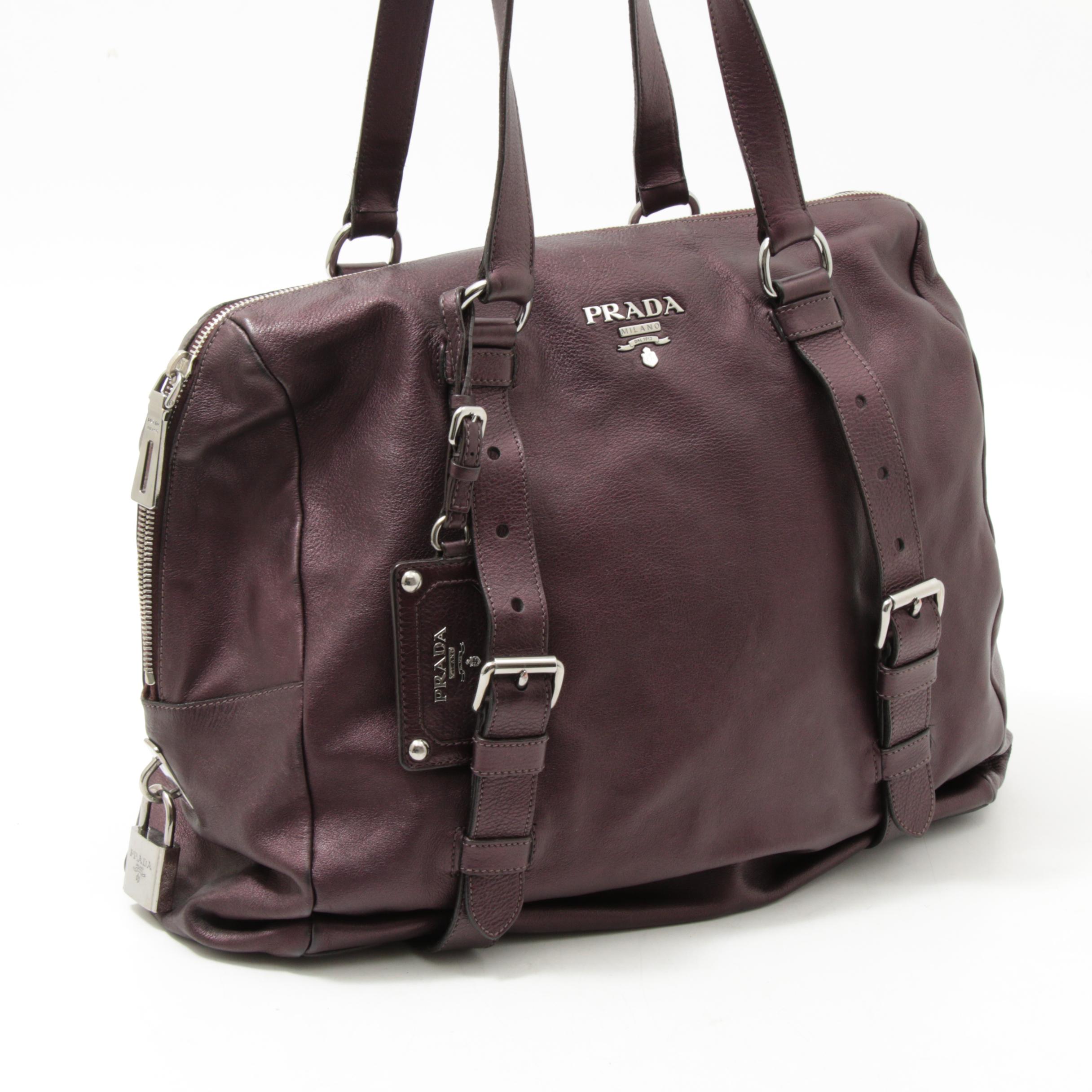 Prada Daino Leather Buckle Satchel Shoulder Bag in Aubergine