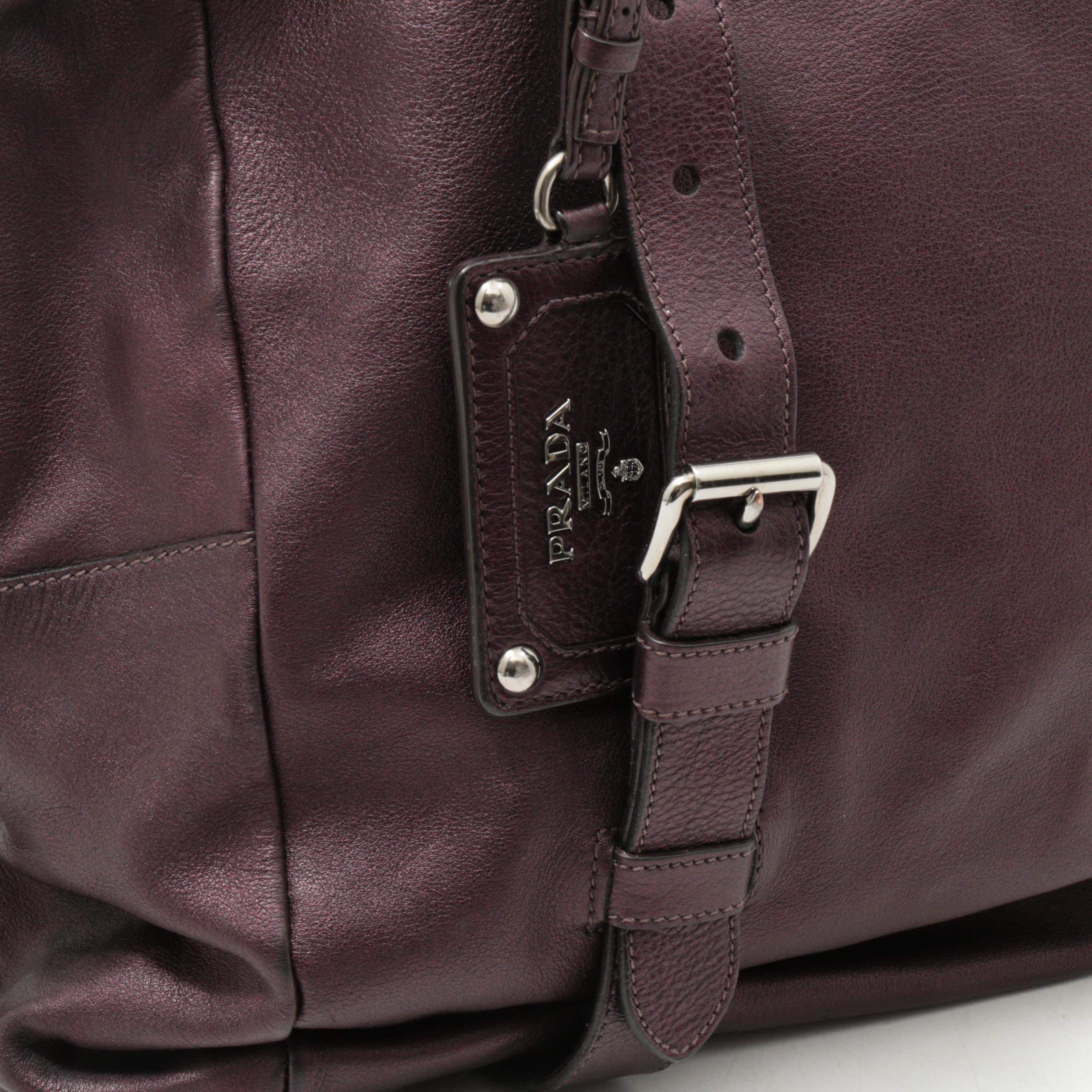 Prada Daino Leather Buckle Satchel Shoulder Bag in Aubergine