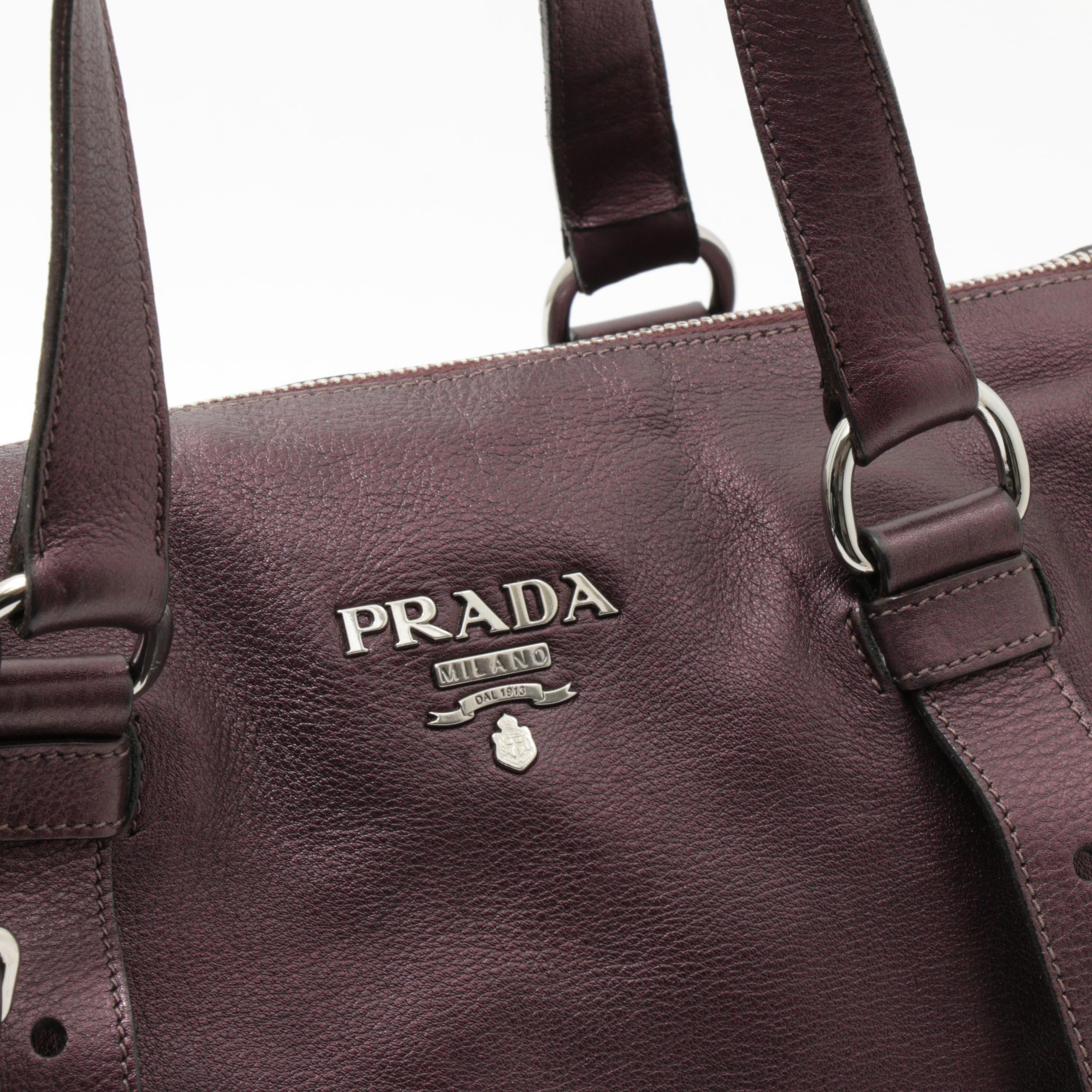 Prada Daino Leather Buckle Satchel Shoulder Bag in Aubergine