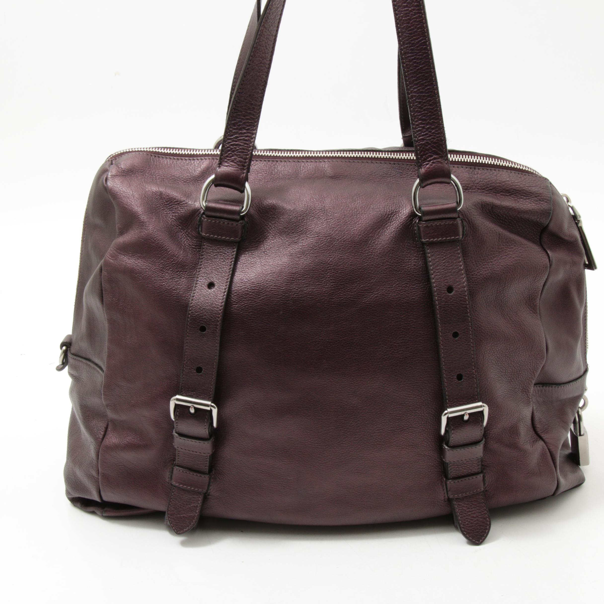 Prada Daino Leather Buckle Satchel Shoulder Bag in Aubergine