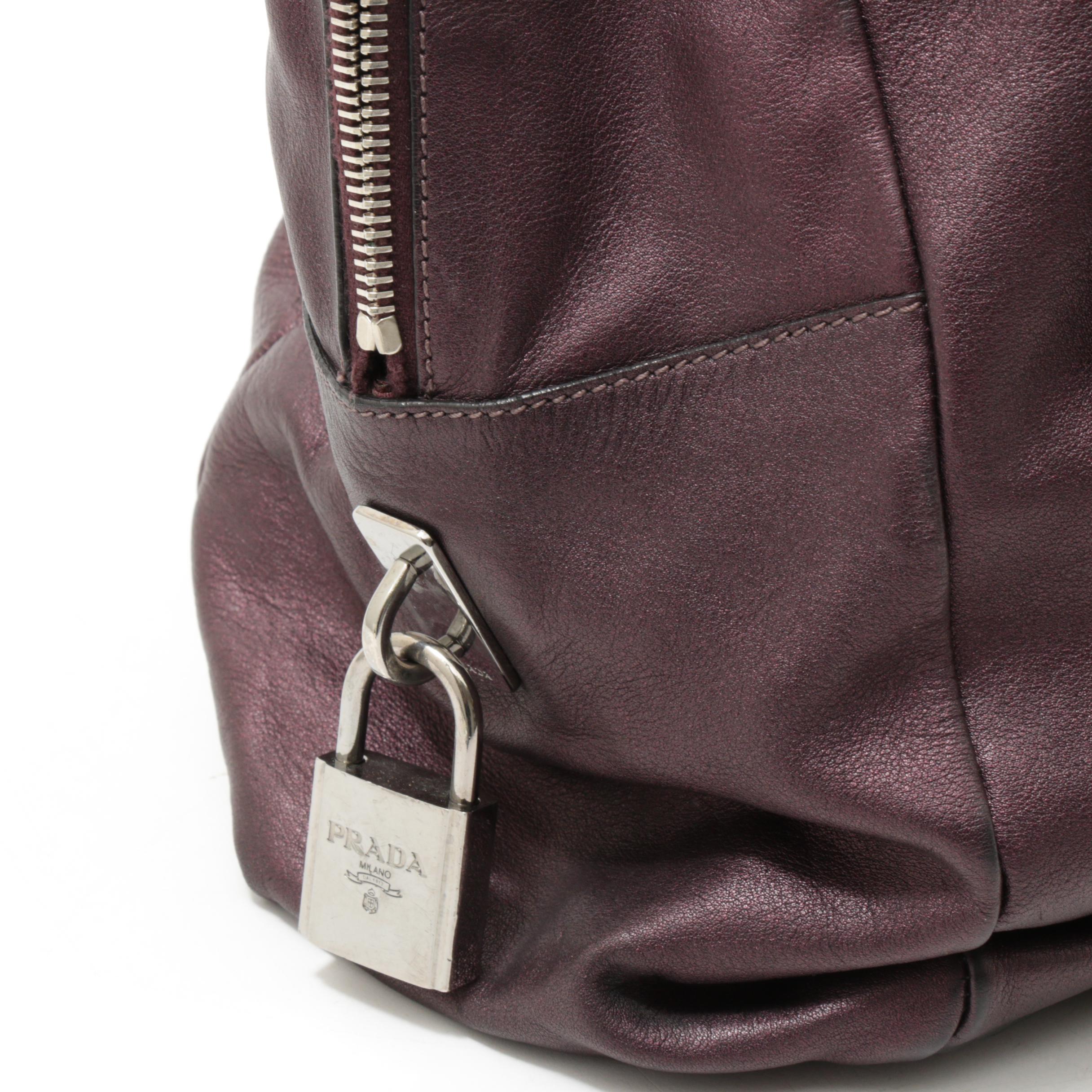 Prada Daino Leather Buckle Satchel Shoulder Bag in Aubergine
