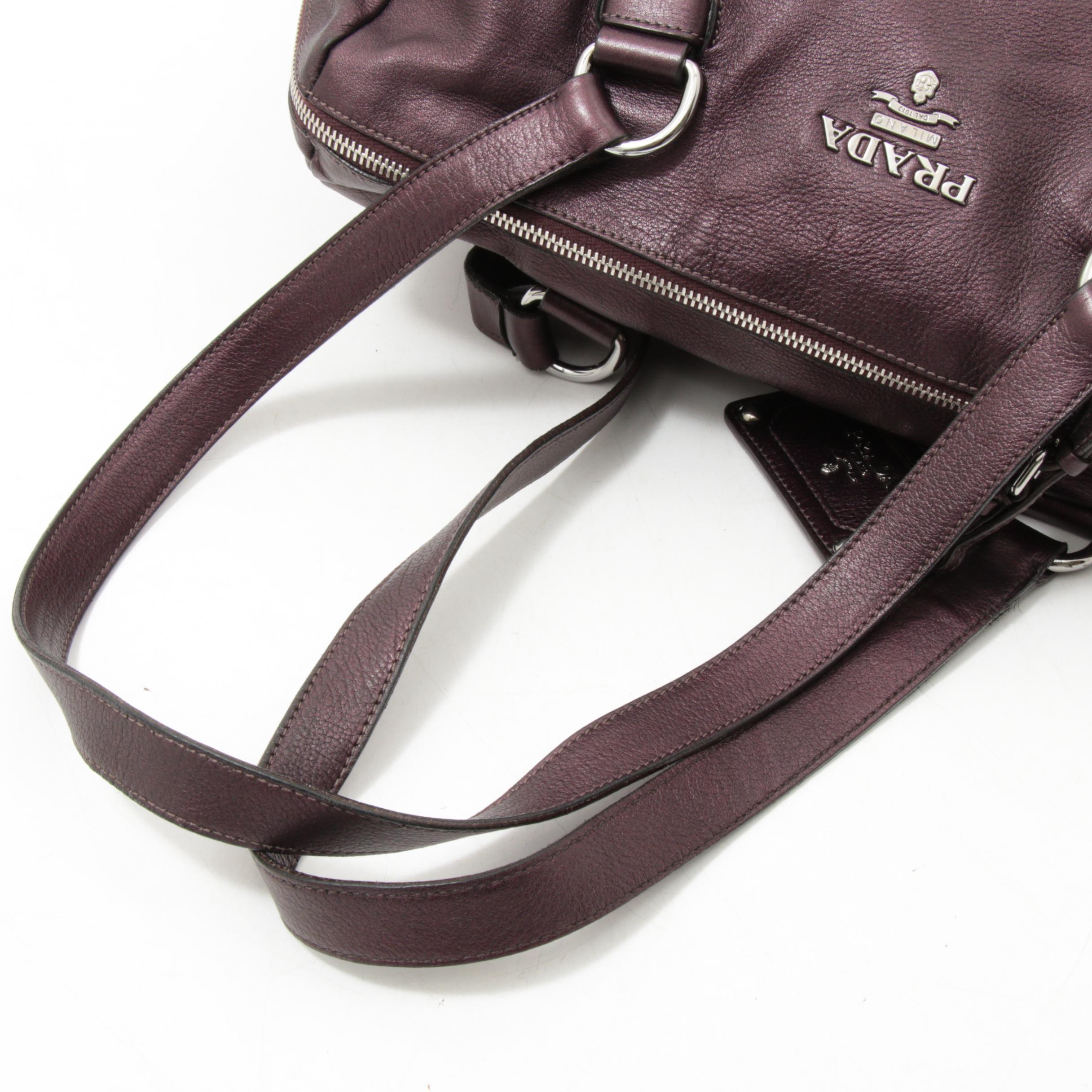 Prada Daino Leather Buckle Satchel Shoulder Bag in Aubergine