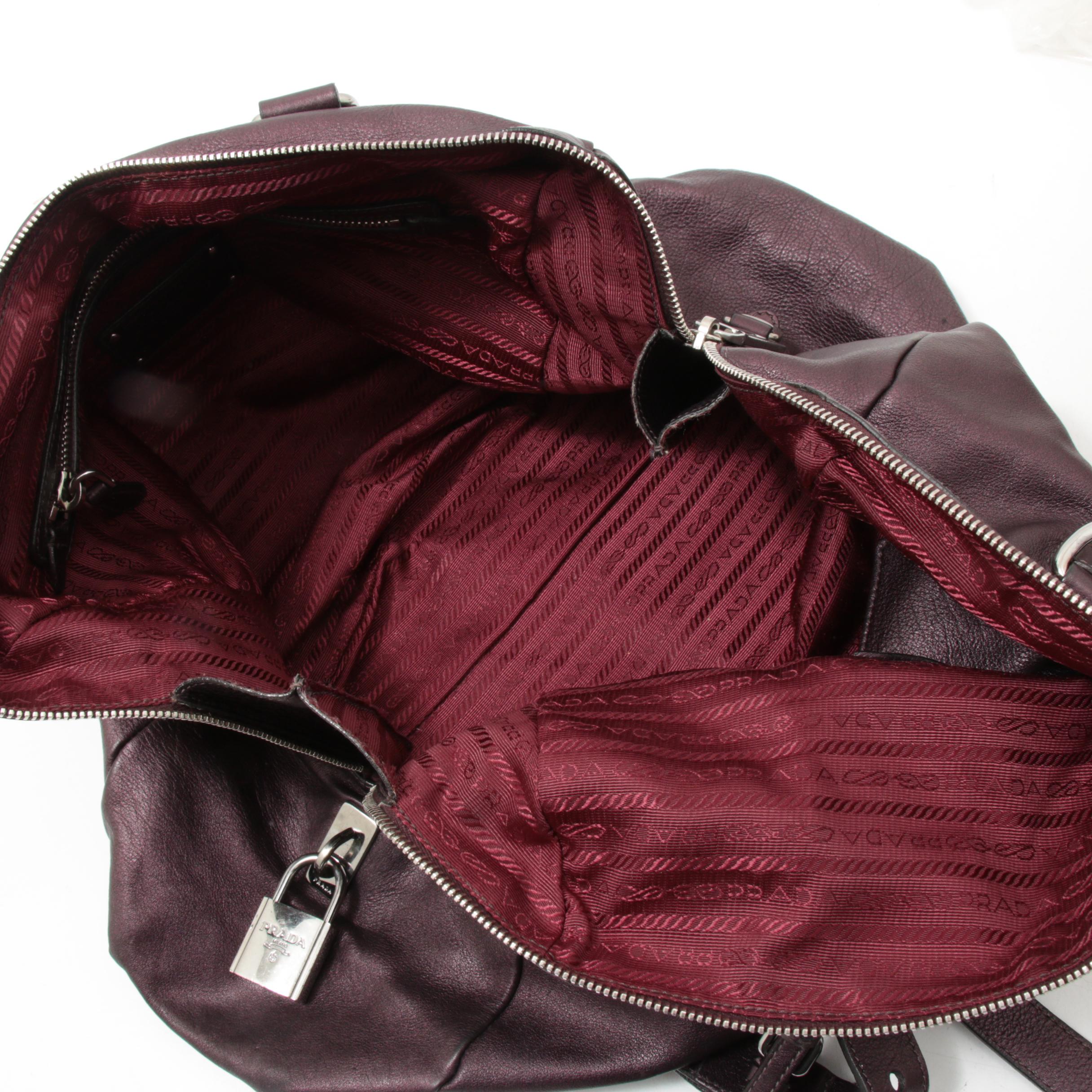 Prada Daino Leather Buckle Satchel Shoulder Bag in Aubergine