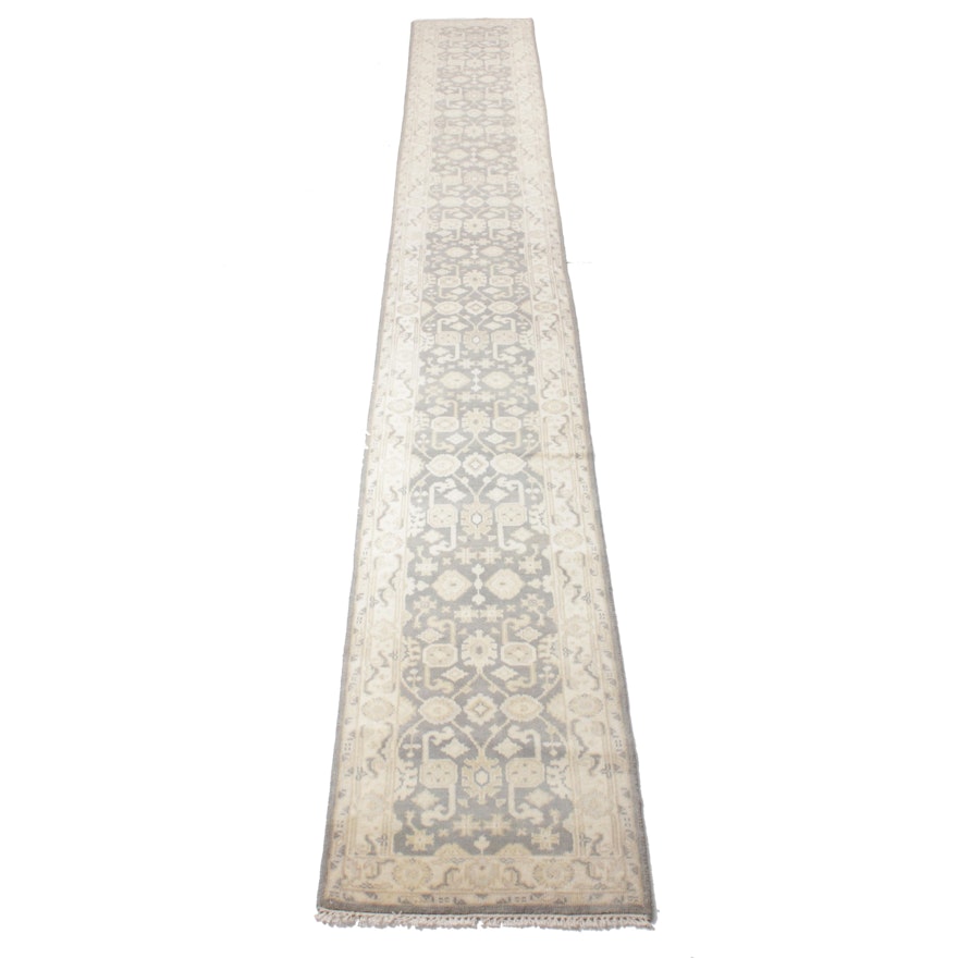2'6 x 20'1 Hand-Knotted Indo-Turkish Oushak Runner Rug, 2010s