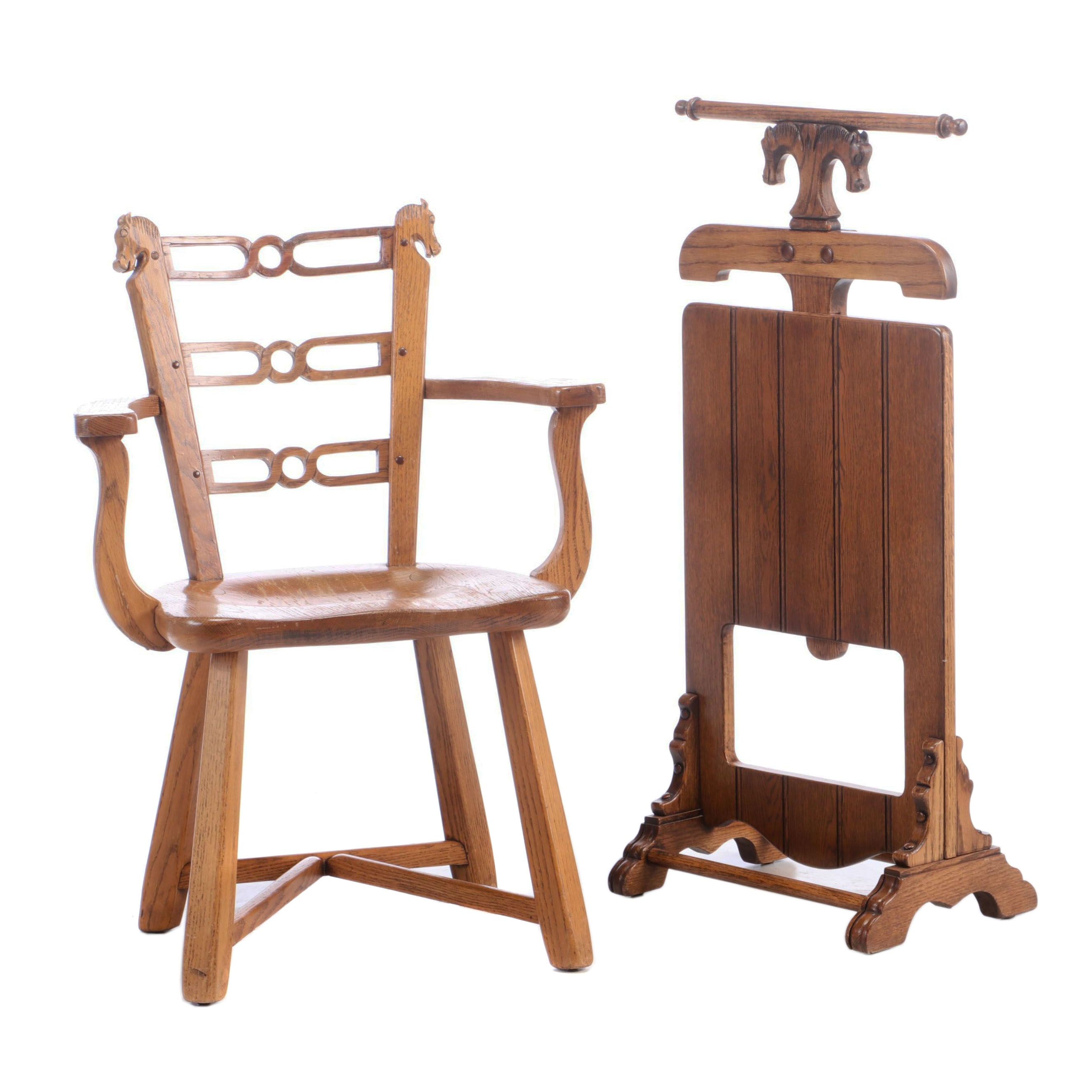Romweber Carved "Viking Oak" Chair and Clothing Valet, Mid-20th Century
