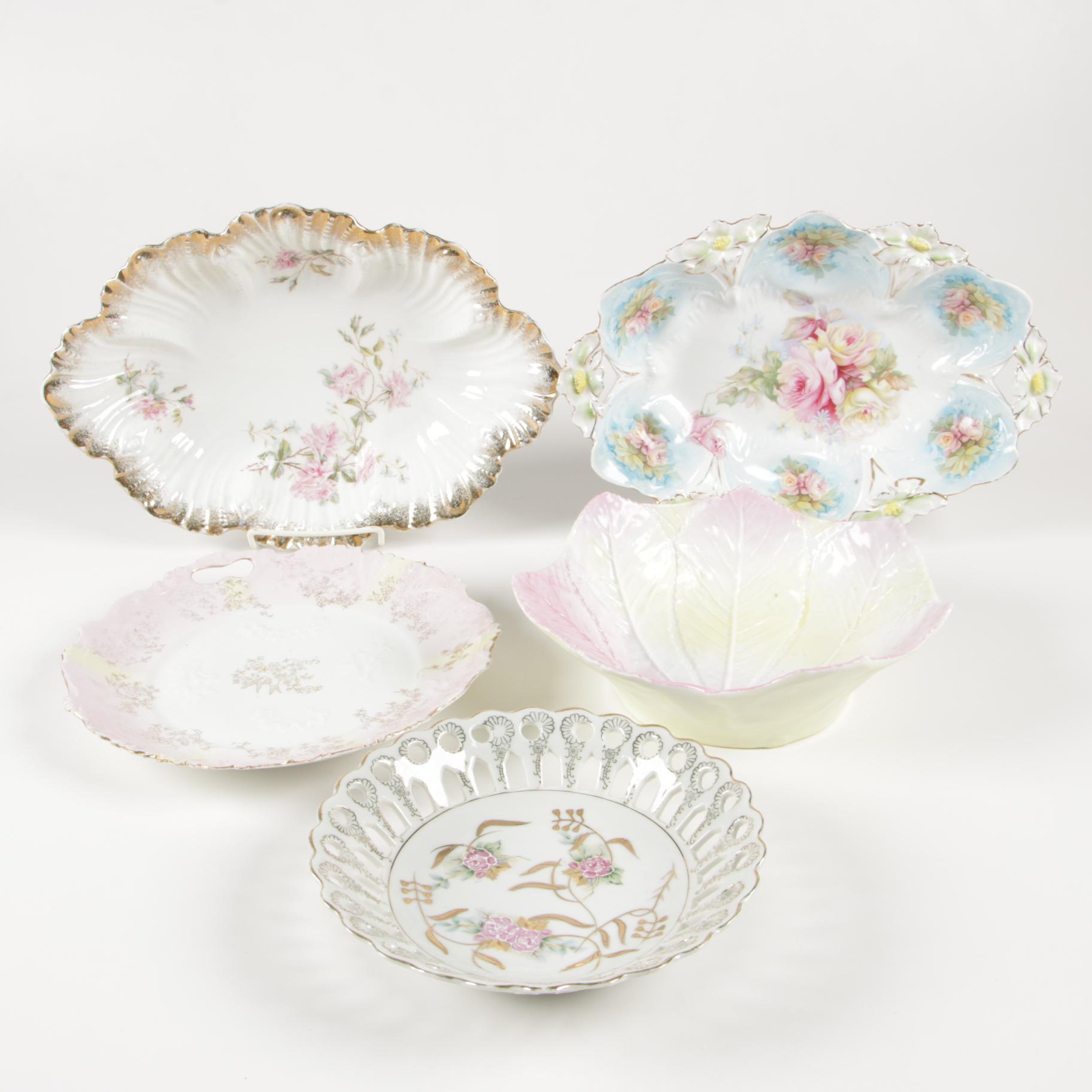 Carl Tielsch Hand-Painted Porcelain Oval Dish and Other Vintage Dishes