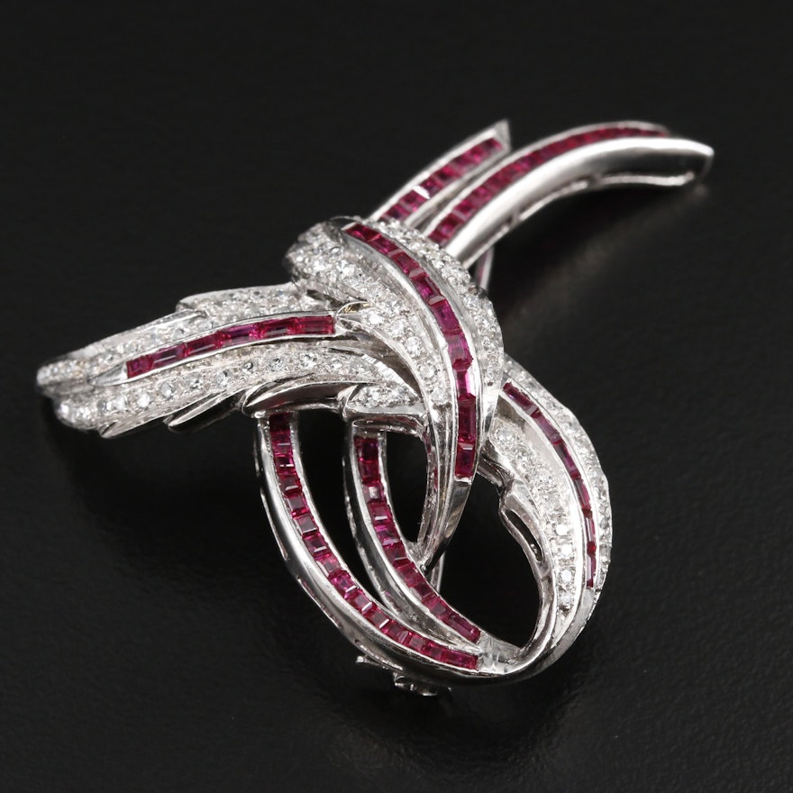 Vintage 18K White Gold Ruby and Diamond Brooch
