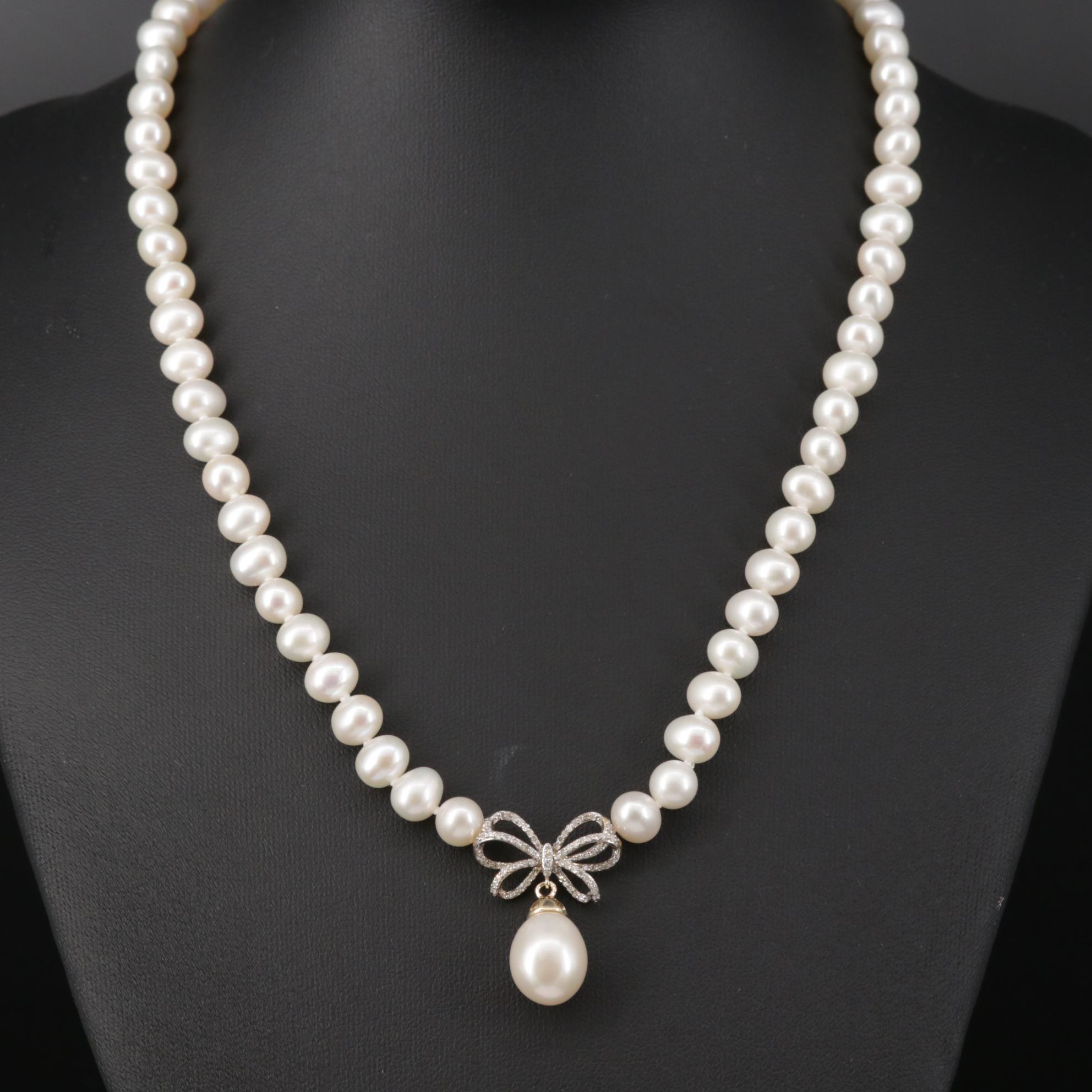 10K Pearl and Diamond Pendant Necklace