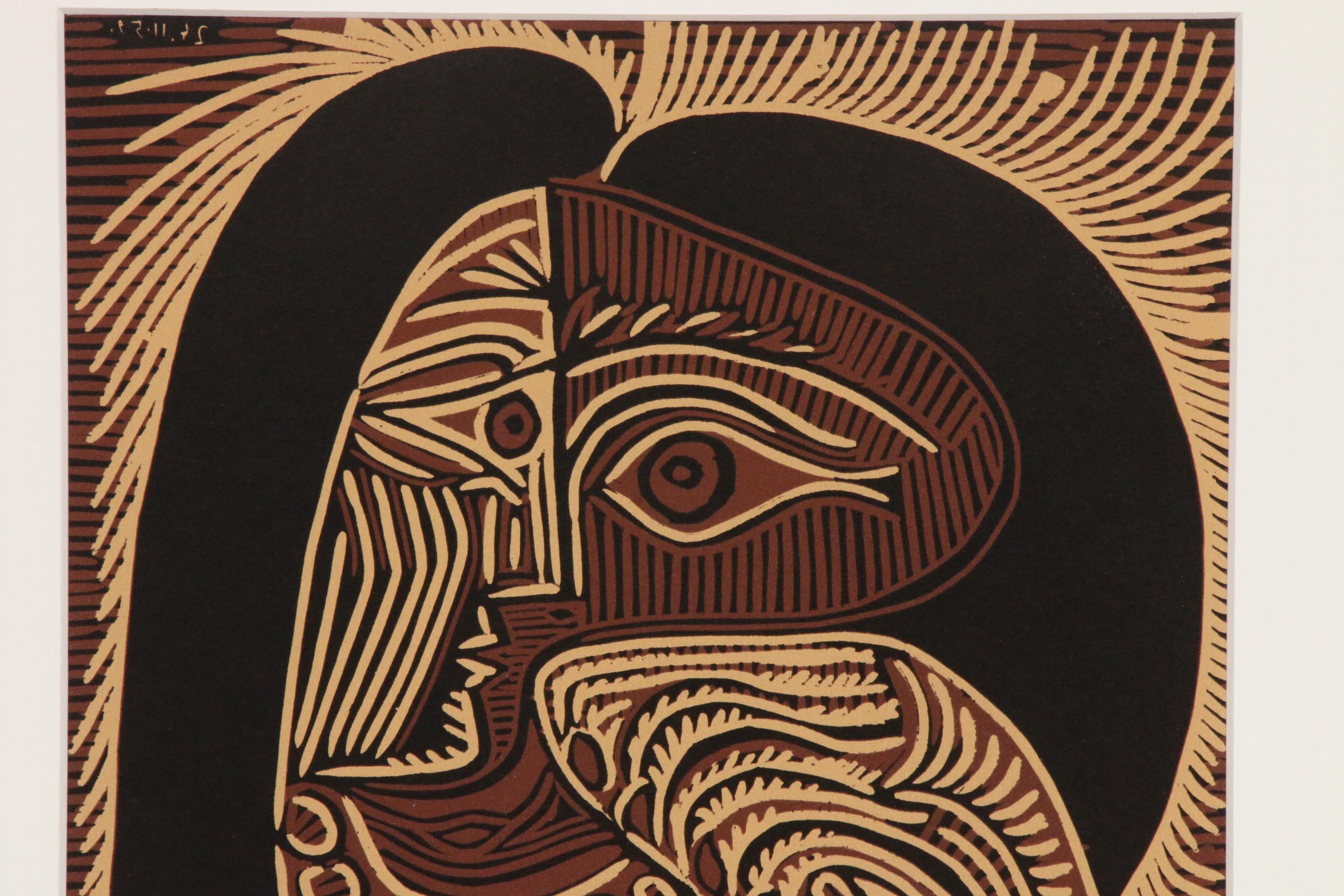 Linoleum Cut Designed by Pablo Picasso "Female Head with Necklace," 1962