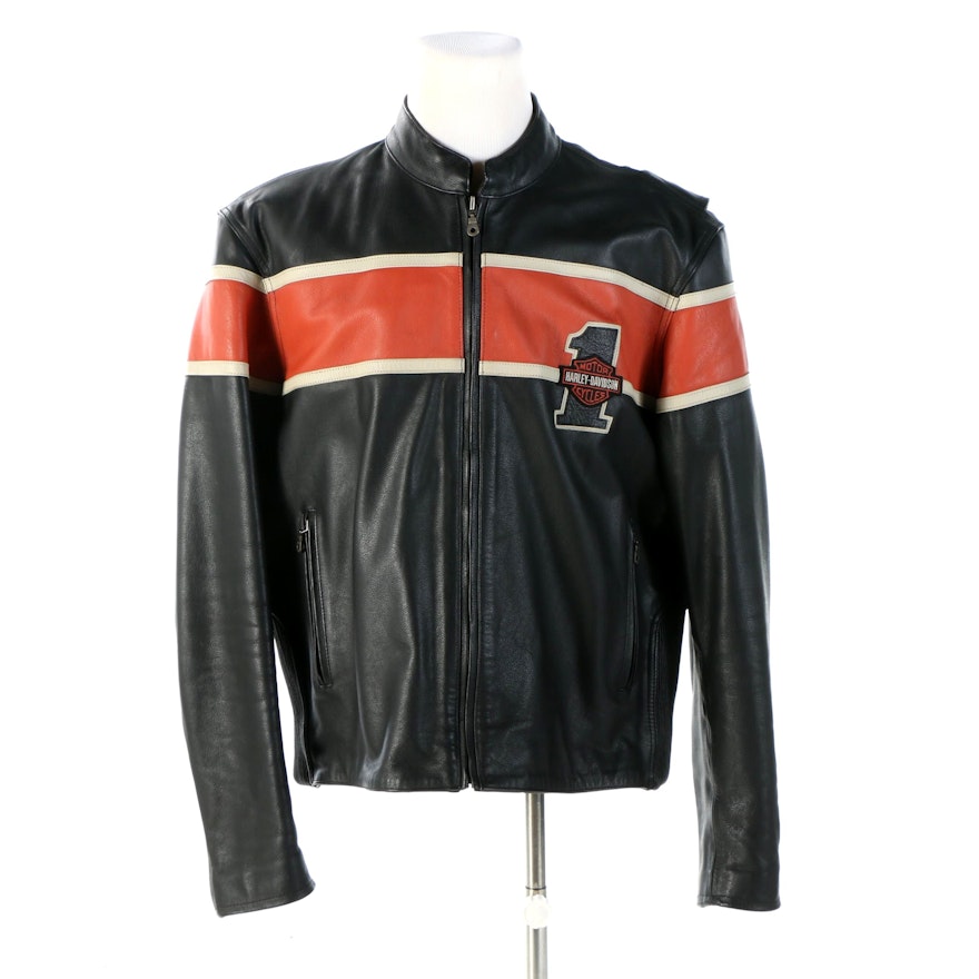 Men's Harley-Davidson Black Leather Motorcycle Jacket with Contrast Stripe