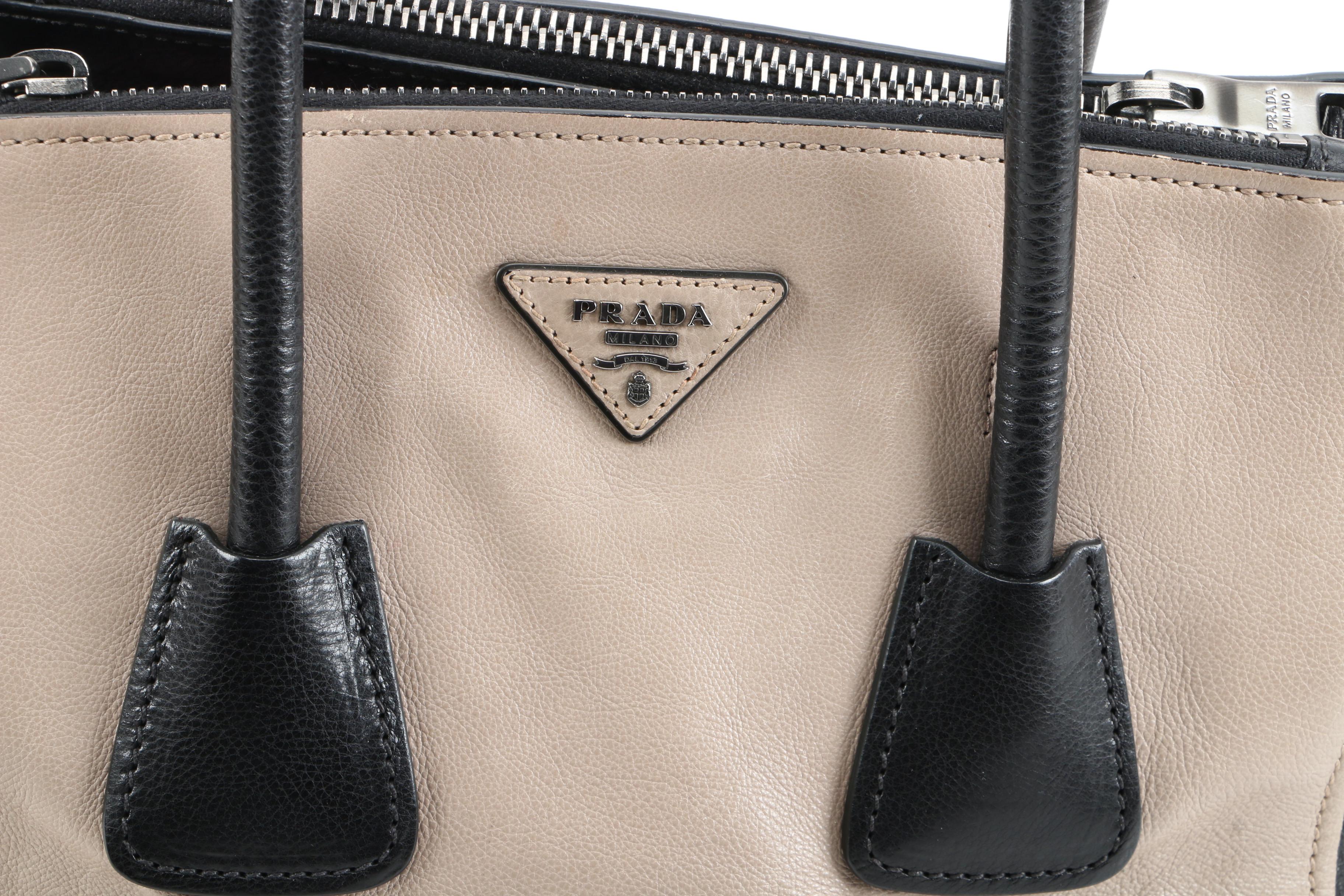 Prada Twin Pocket Tote in Black and Taupe Calfskin Leather