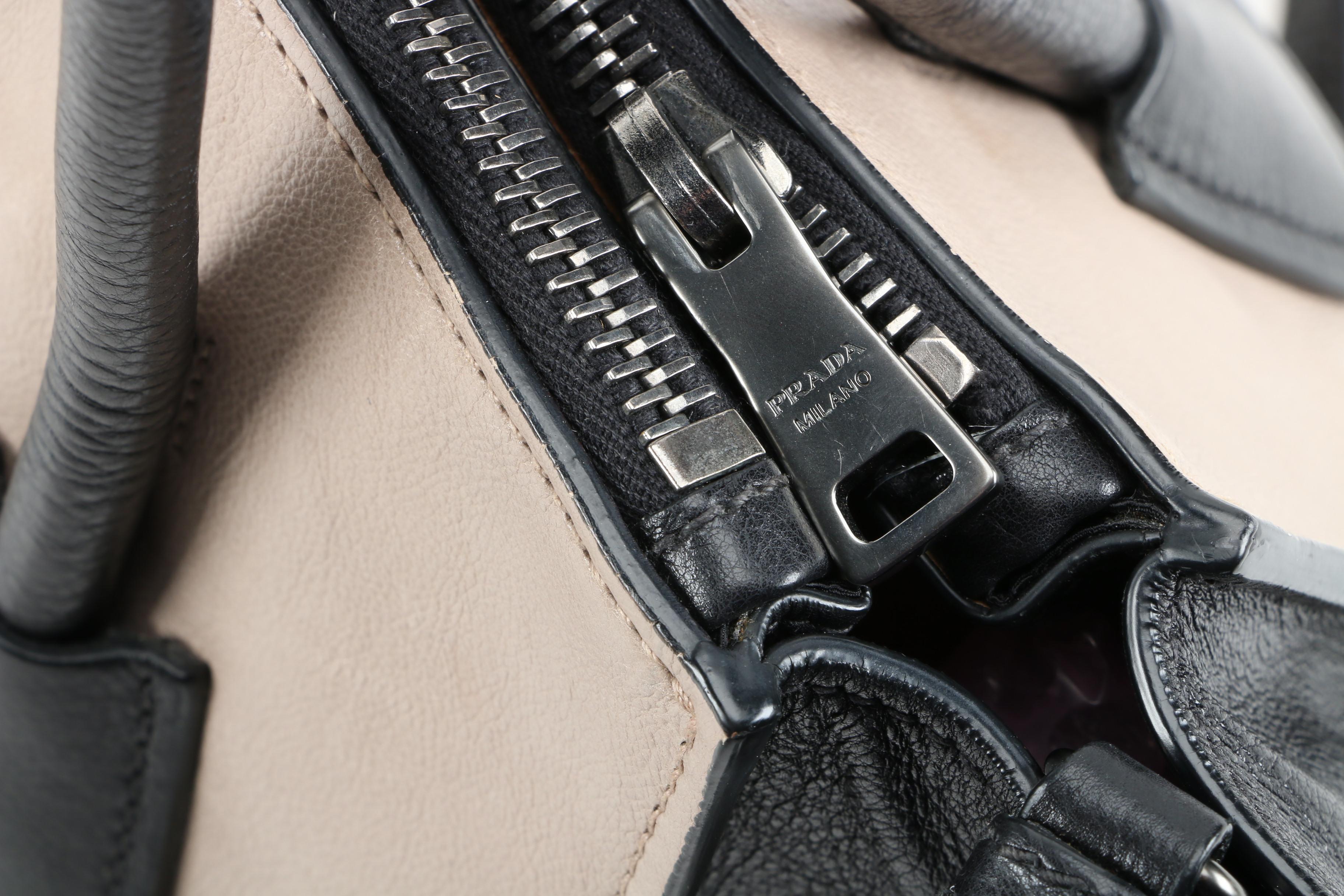 Prada Twin Pocket Tote in Black and Taupe Calfskin Leather