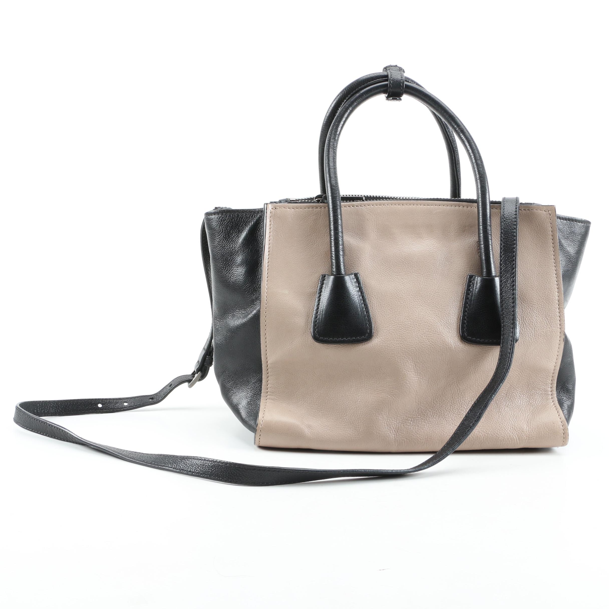 Prada Twin Pocket Tote in Black and Taupe Calfskin Leather