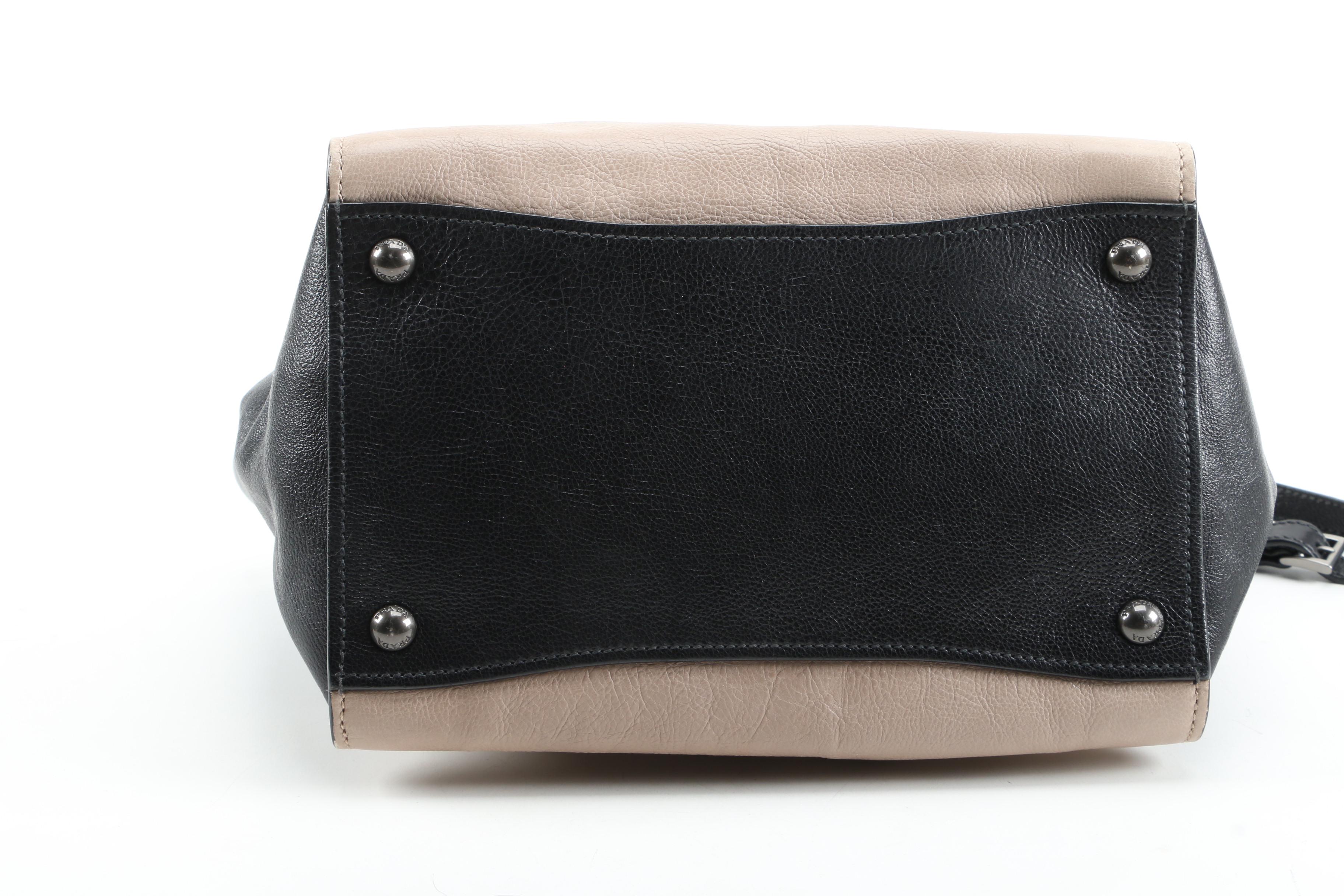 Prada Twin Pocket Tote in Black and Taupe Calfskin Leather