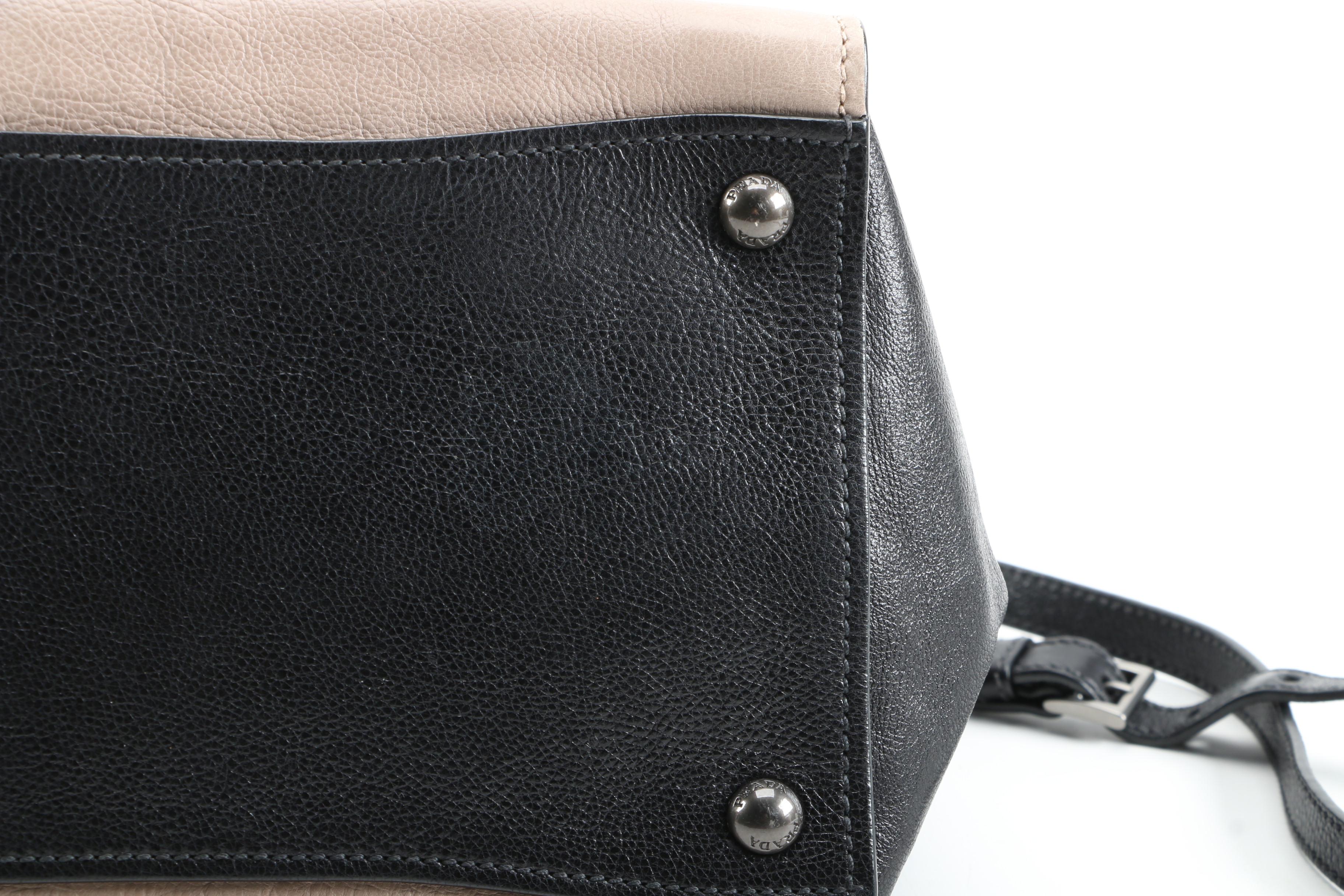 Prada Twin Pocket Tote in Black and Taupe Calfskin Leather