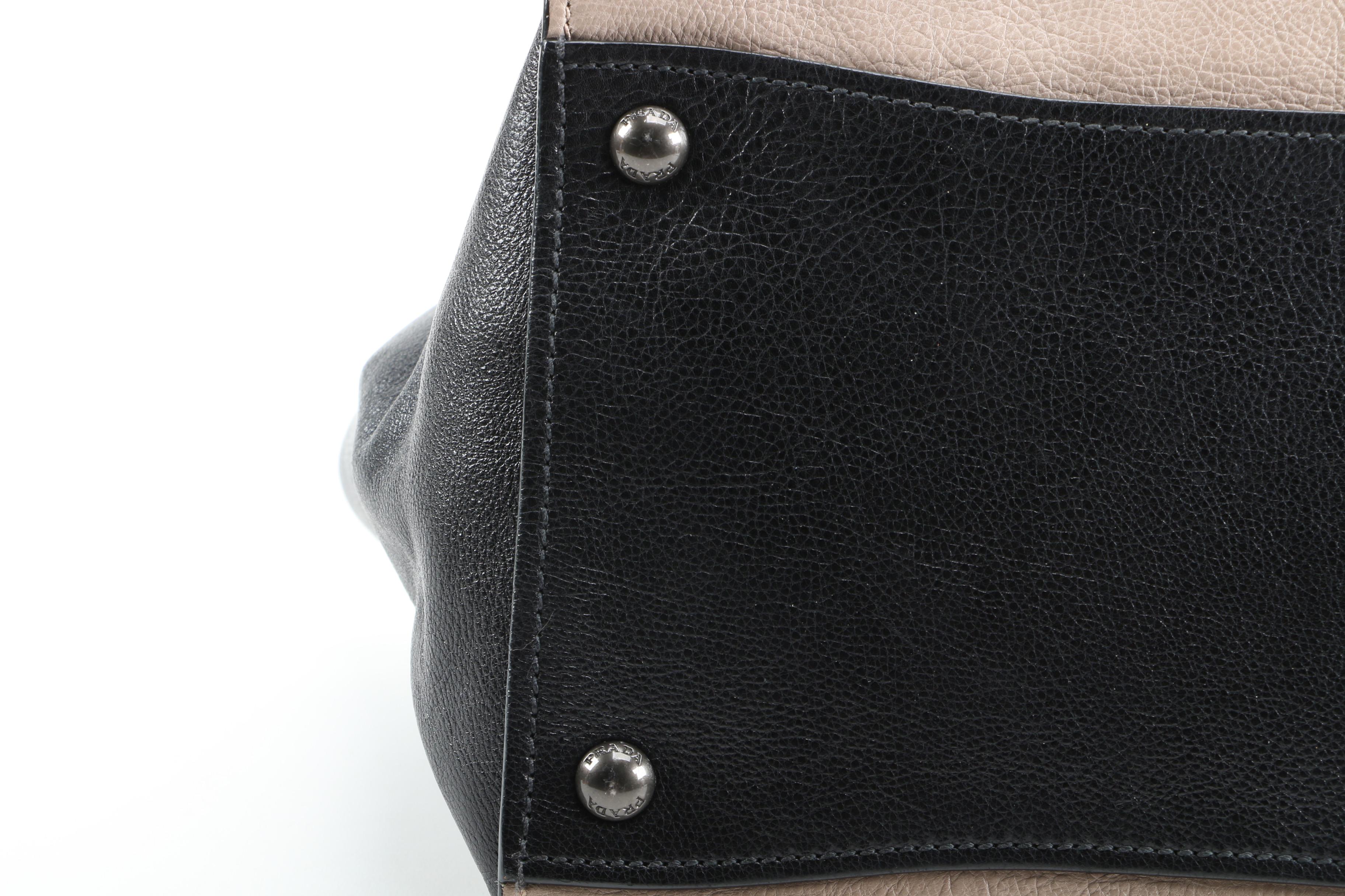 Prada Twin Pocket Tote in Black and Taupe Calfskin Leather