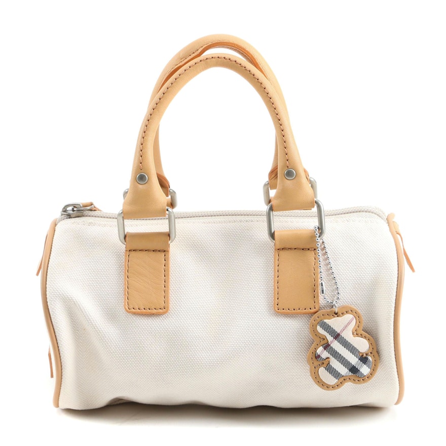 Burberry London Mini Barrel Bag in White Canvas and Tan Leather