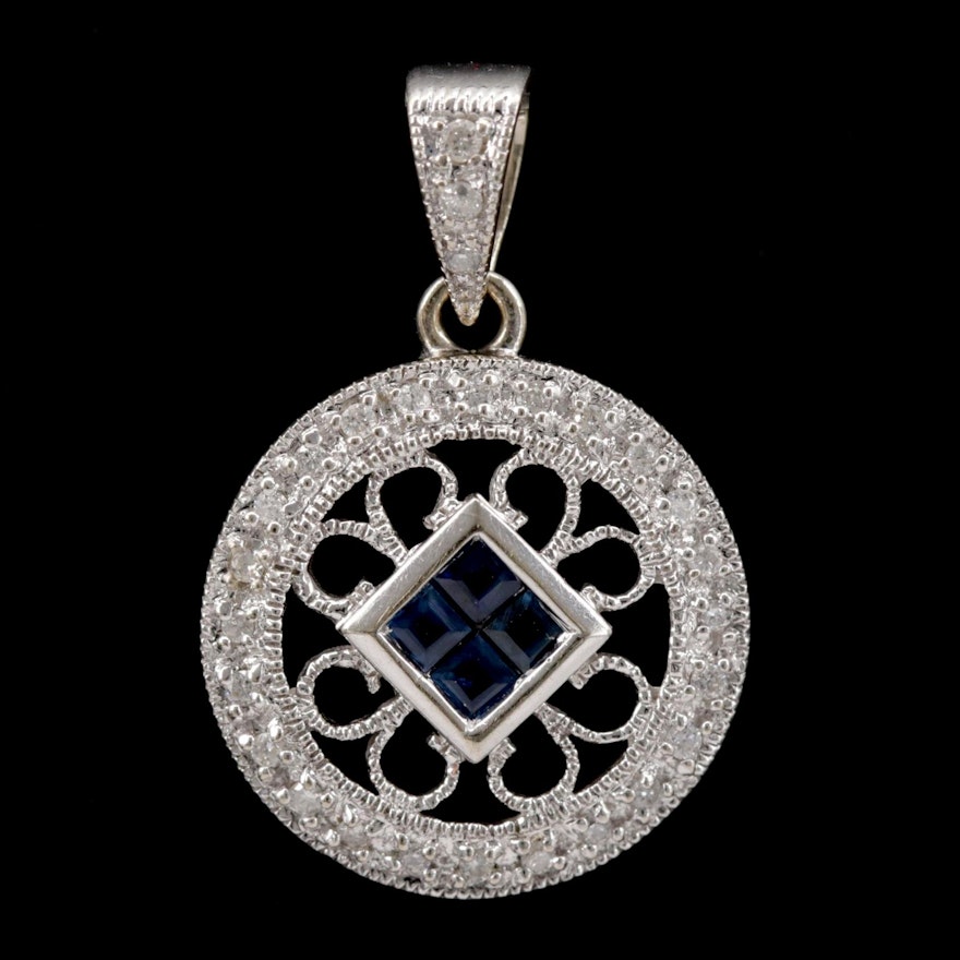 14K White Gold Blue Sapphire and Diamond Pendant