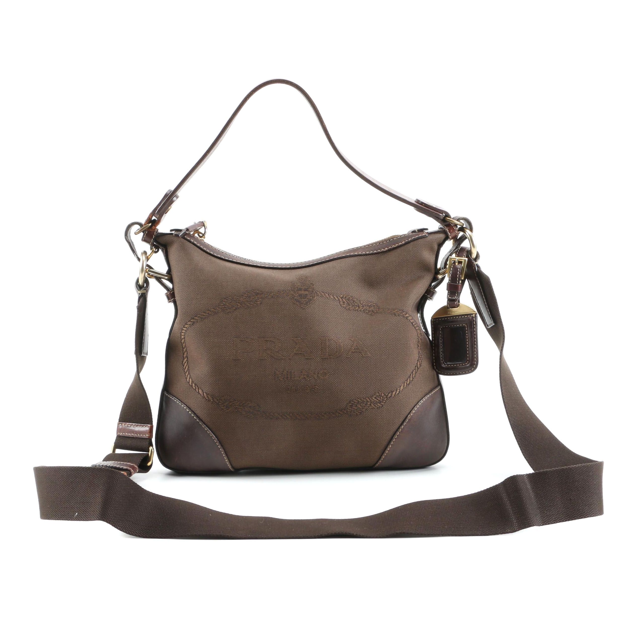 Prada Two-Way Brown Canapa Canvas and Leather Bag with Contrast Stitching