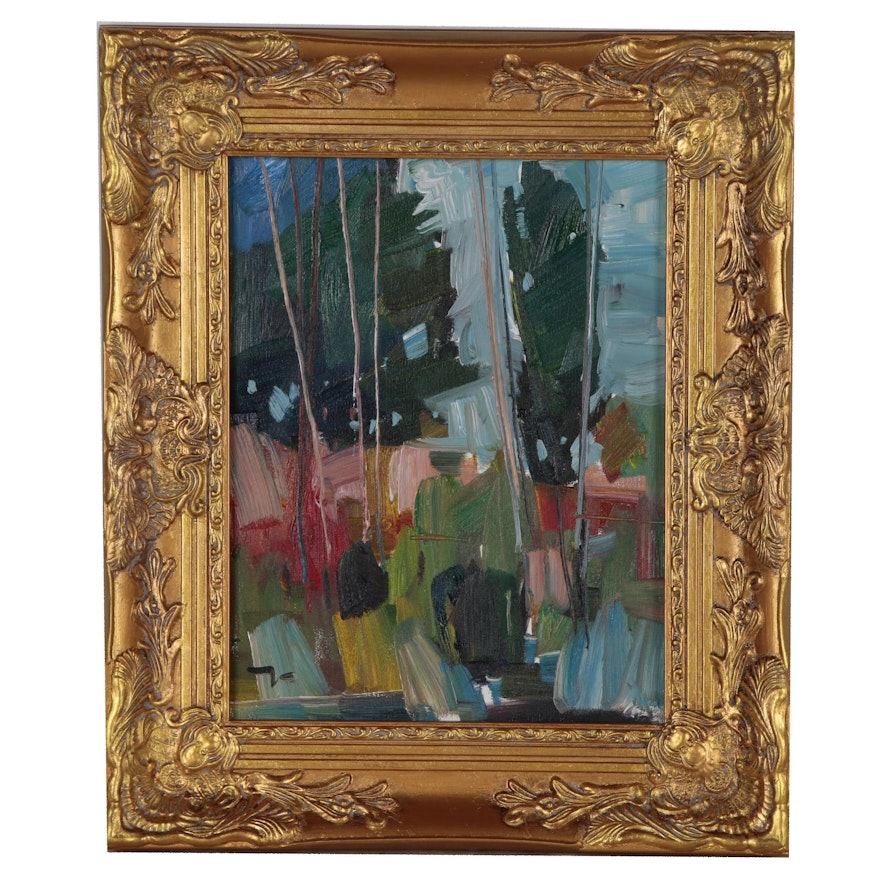 Jose Trujillo Oil Painting "The Woods" in 20th C. French Style Gold Tone Frame