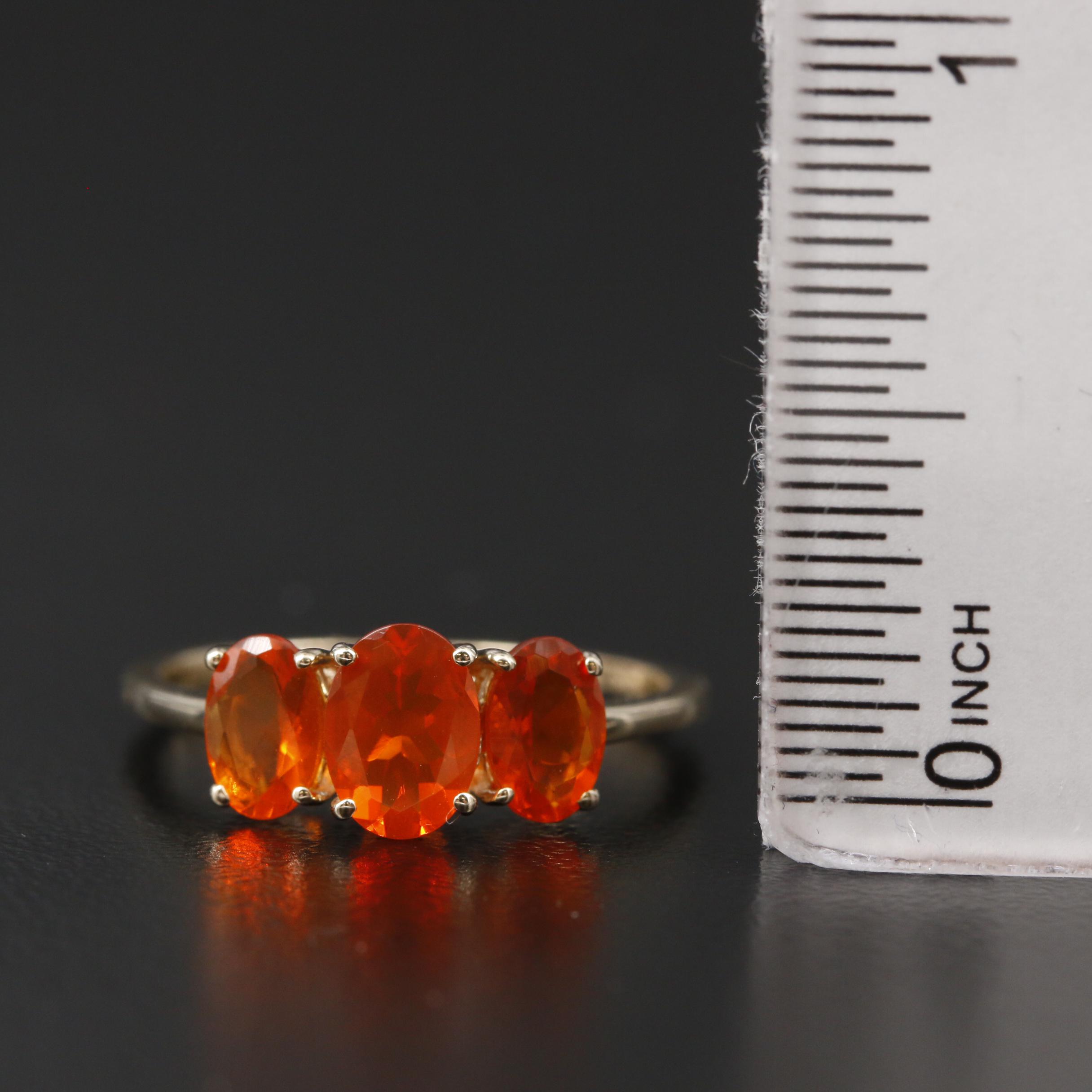 10K Yellow Gold Fire Opal Three Stone Ring