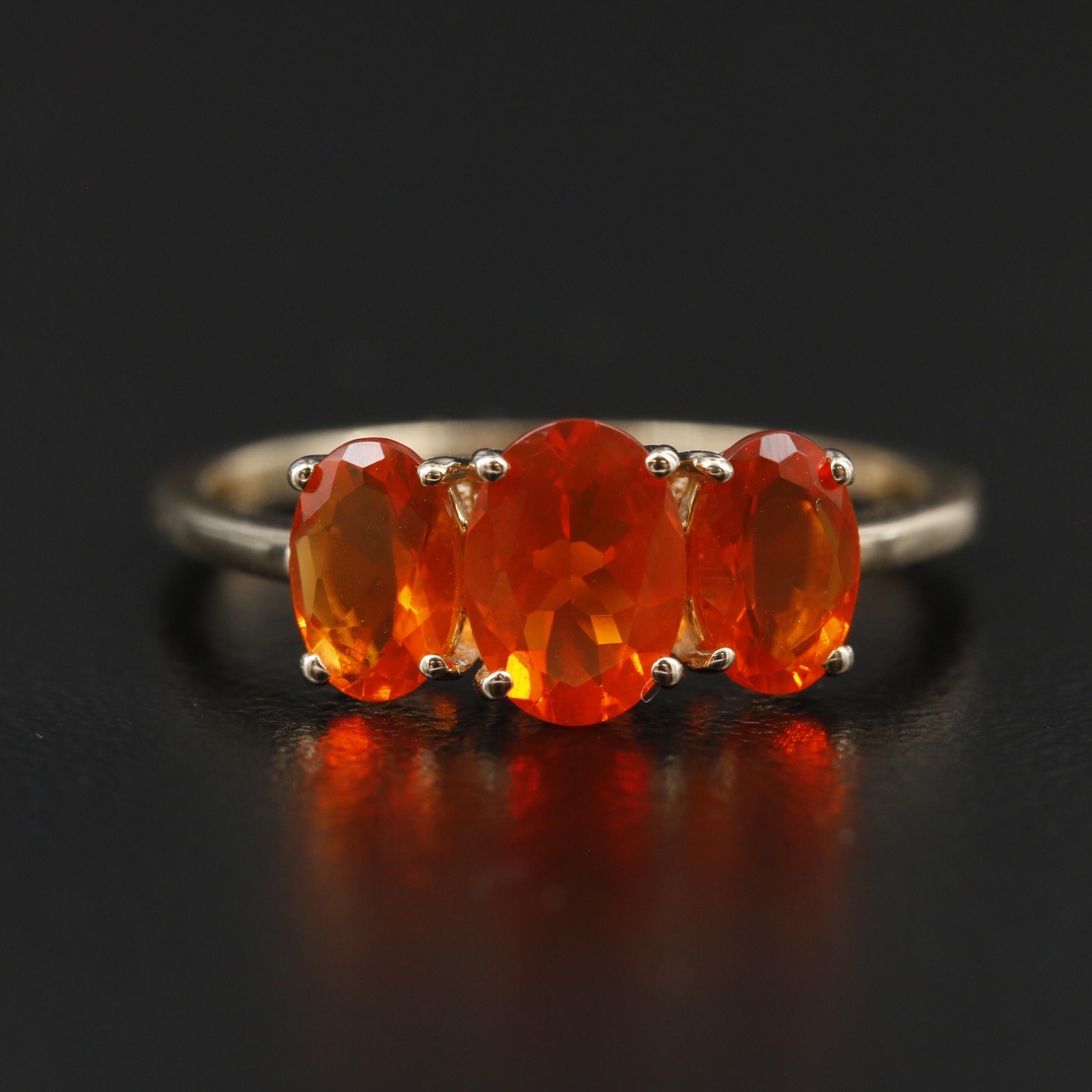 10K Yellow Gold Fire Opal Three Stone Ring